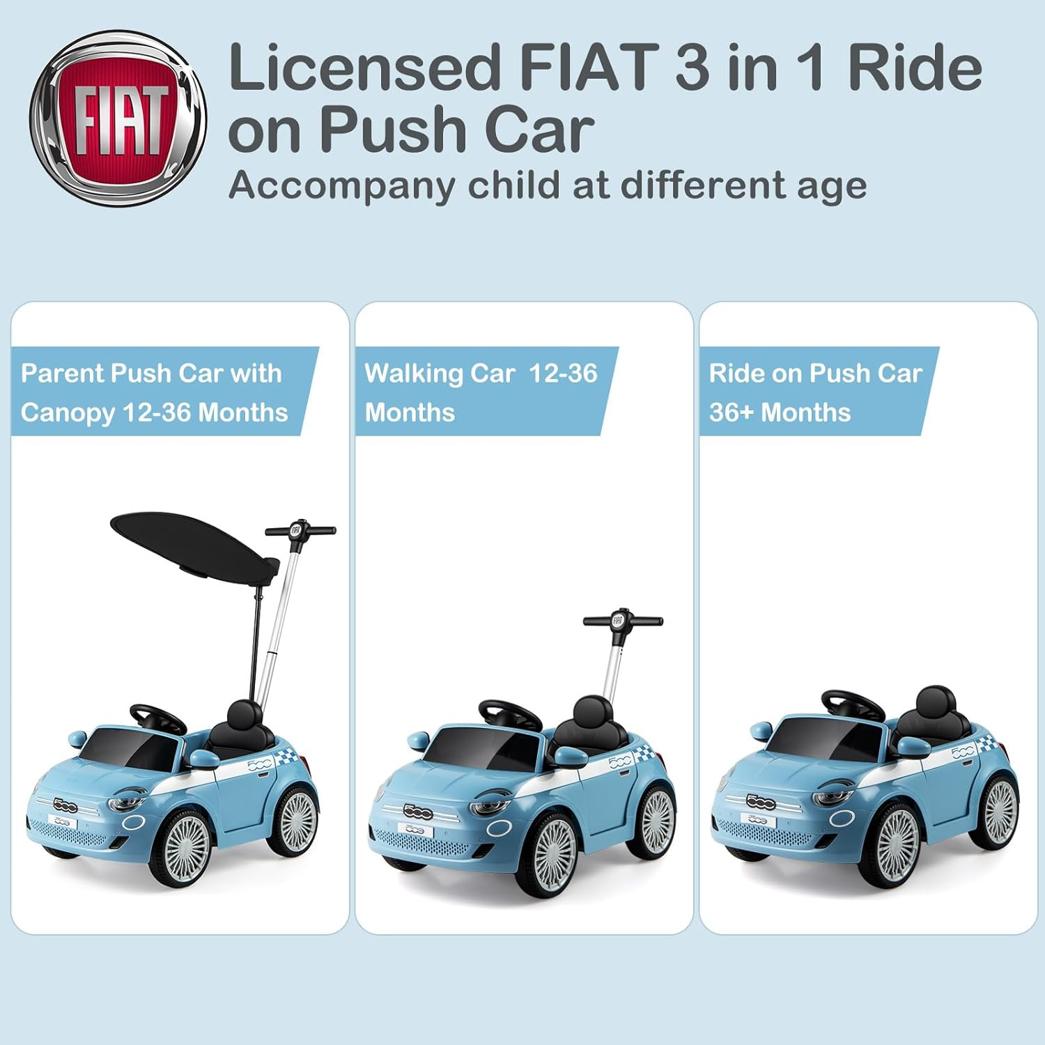 Licensed Fiat 500 Ride on Push Car by , 3 in 1 Baby Stroller Sliding Walking Car