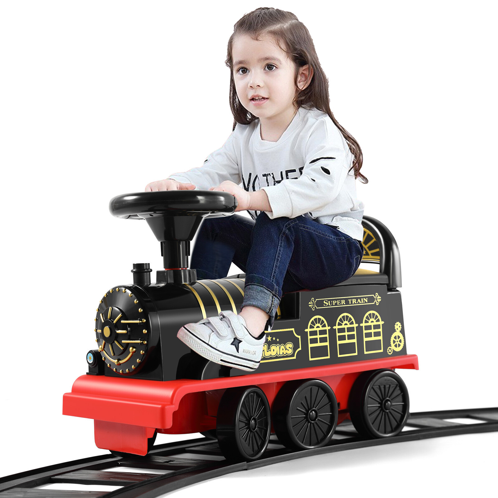 Electric 6V Kids Ride on Train with Track Toy Car Lights Sounds Storage Seat