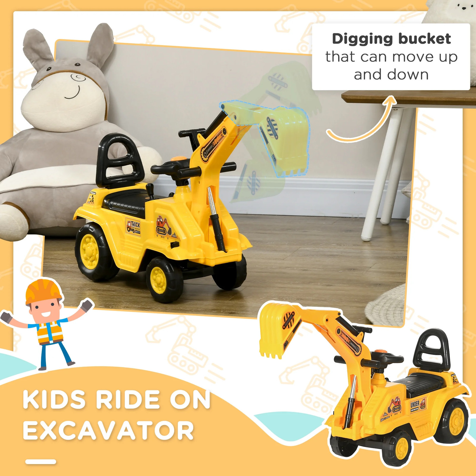 3-in-1 Kids Construction Ride On Toy Digger Excavator Scooter Pull Cart Play Tru