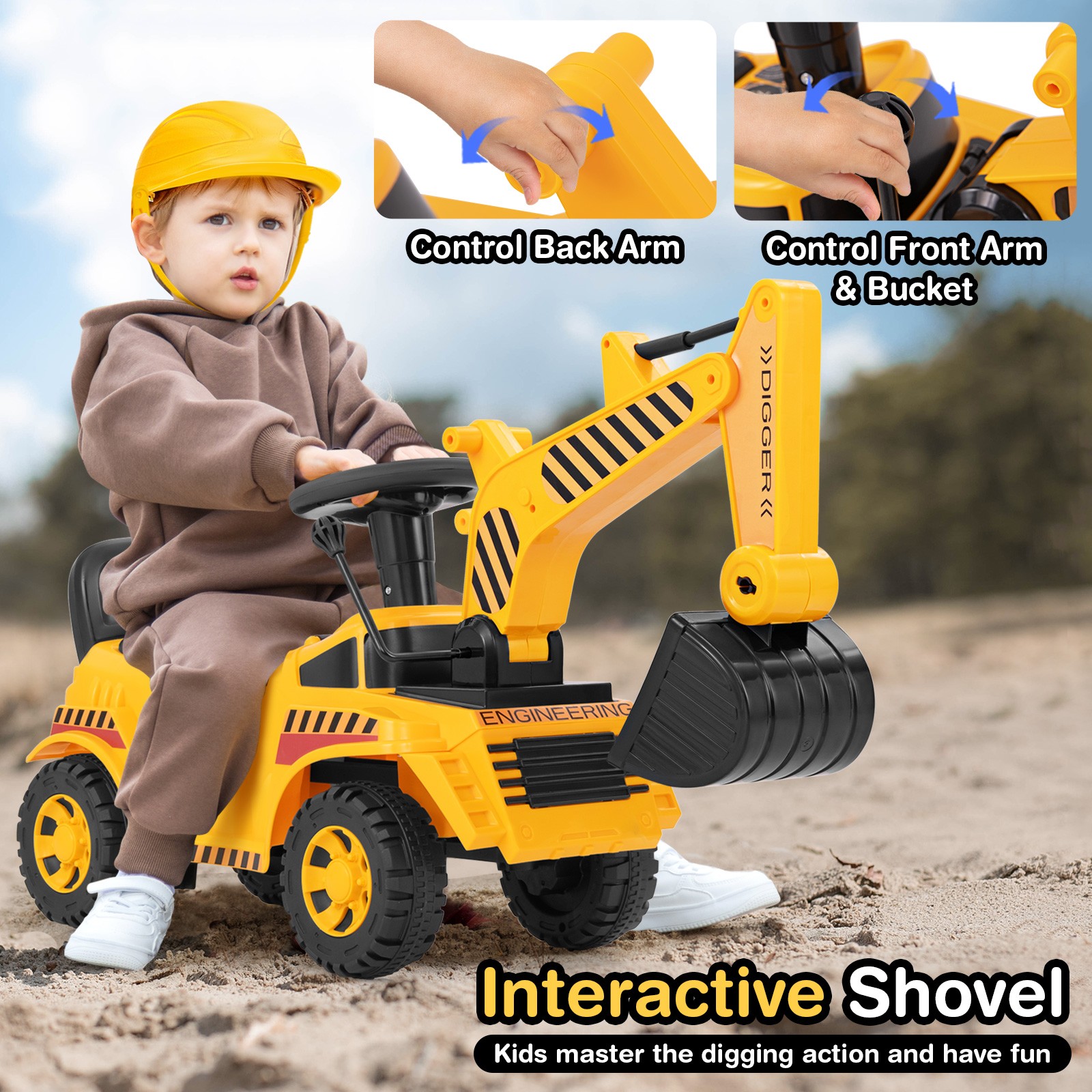 Kids Ride on Excavator Adjustable Shovel Yellow Toddler Digger Toy Power Car