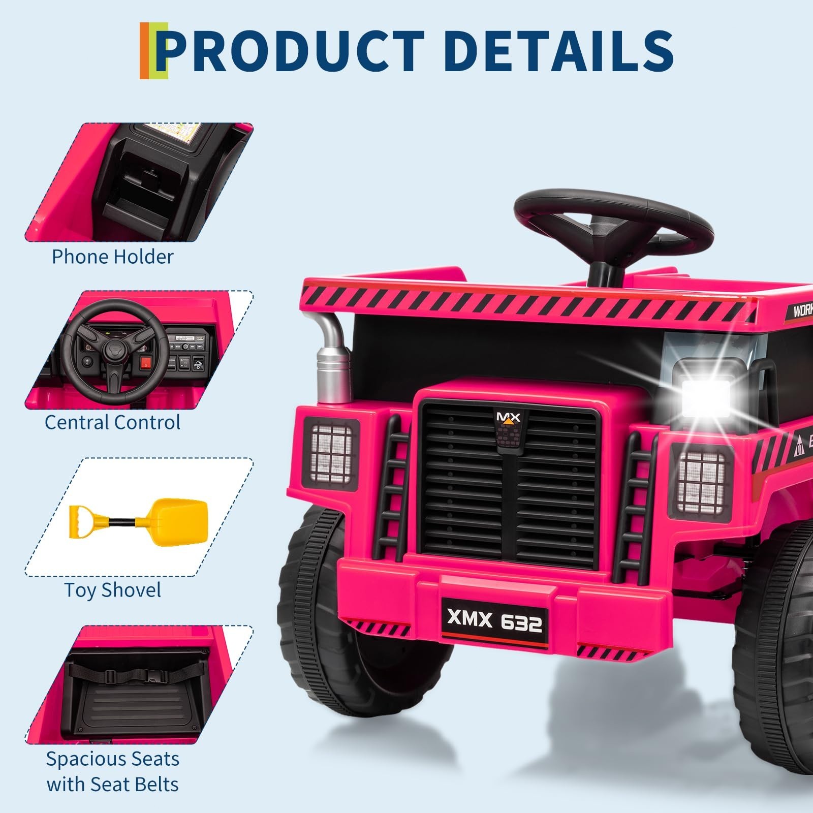 12V Electric Ride On Dump Truck For Kid Ride On Toy With Shovel LED Lights Music