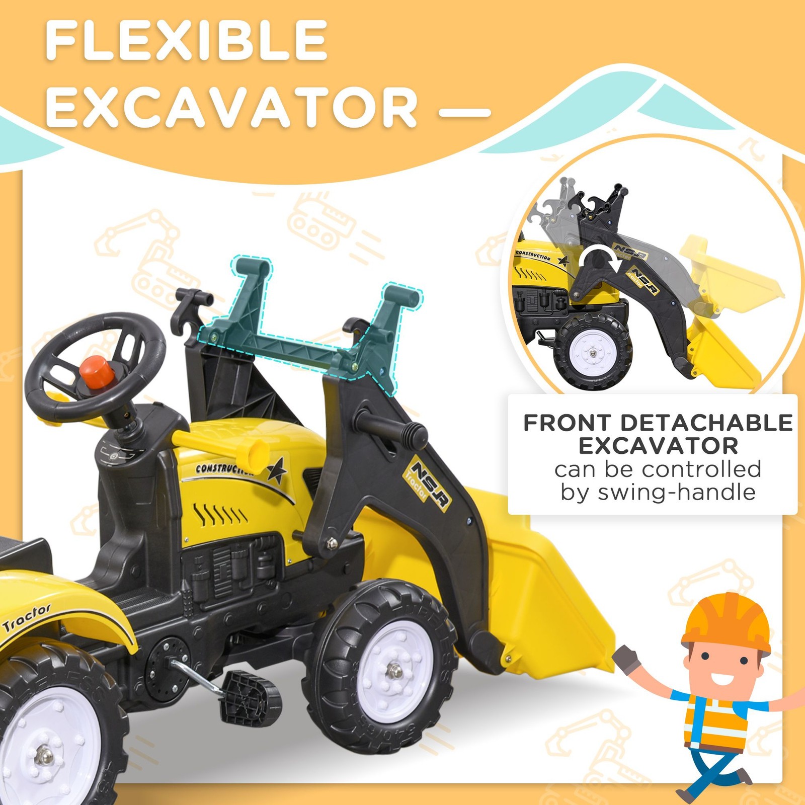 Six-Wheeled Ride-On Excavator for Children with Functional Bucket and Trailer