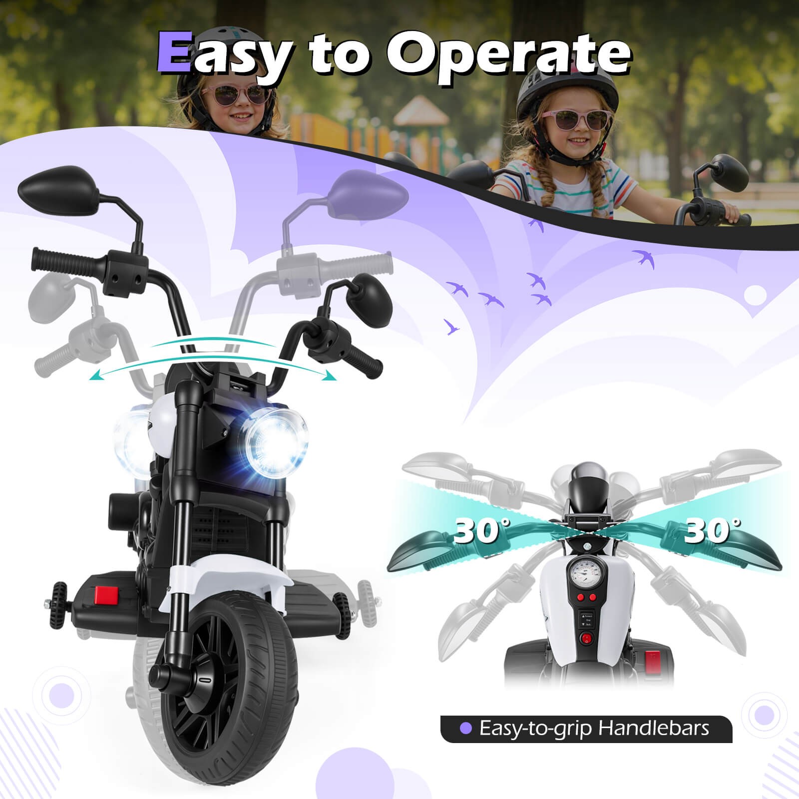Kids Motorcycle w/Headlight, Music, Training Wheels, Foot Pedal for Boys Girls