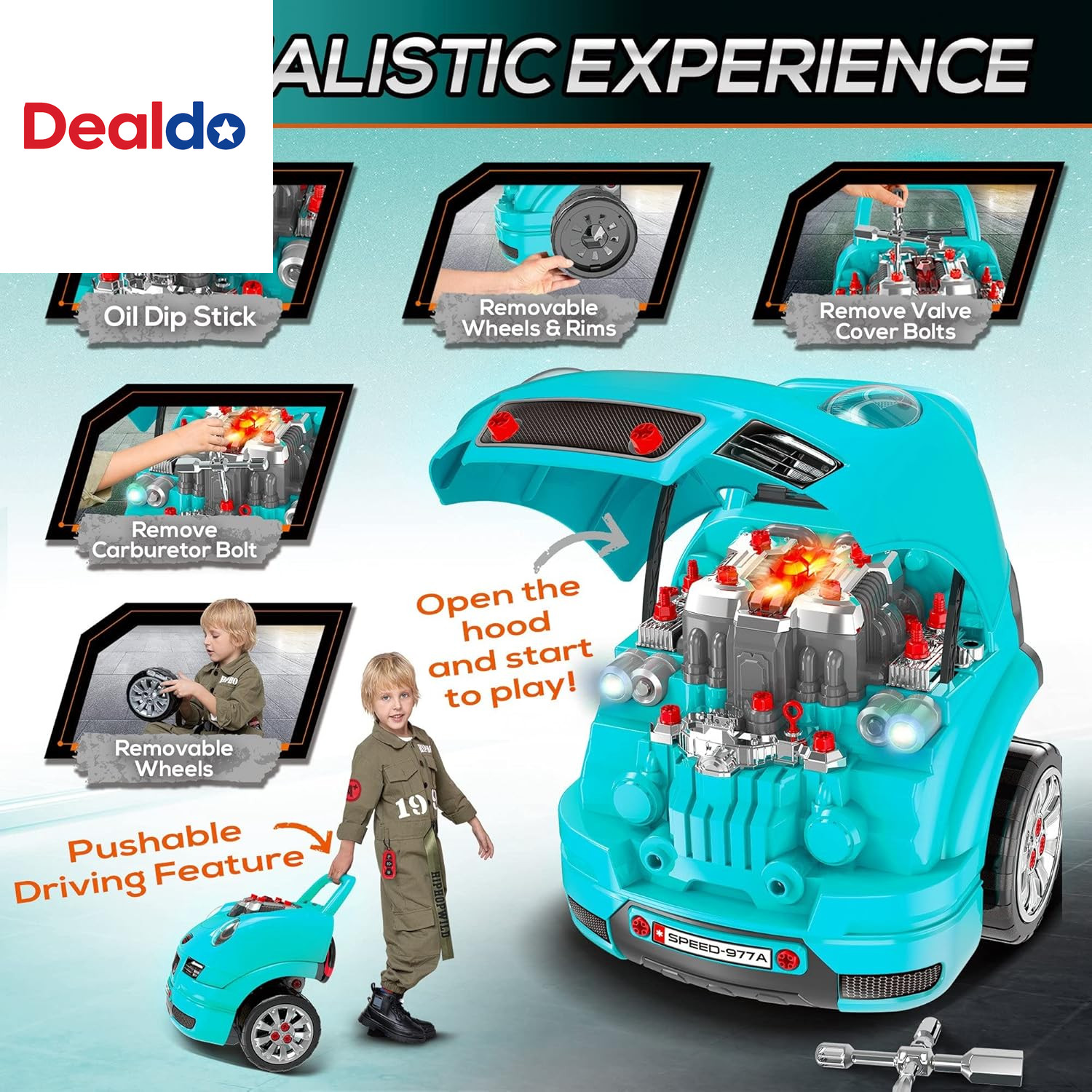 Truck Engine Toy, Kids Mechanic Set with Lights, Sounds, Steering Wheel and Horn