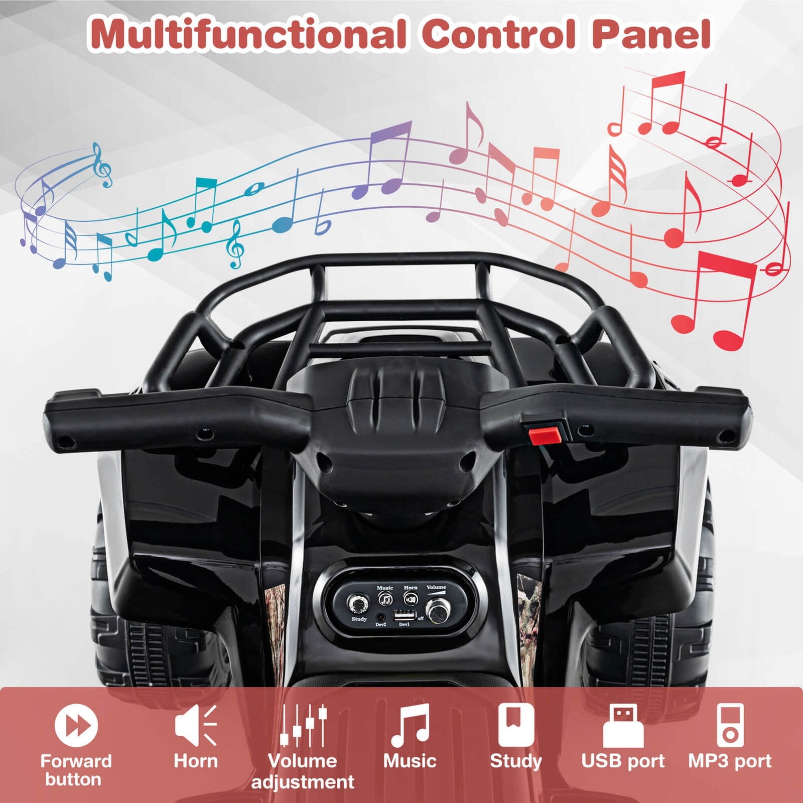 6V Electric Kids Toy Car Black with Music, Story & USB Front Storage Basket