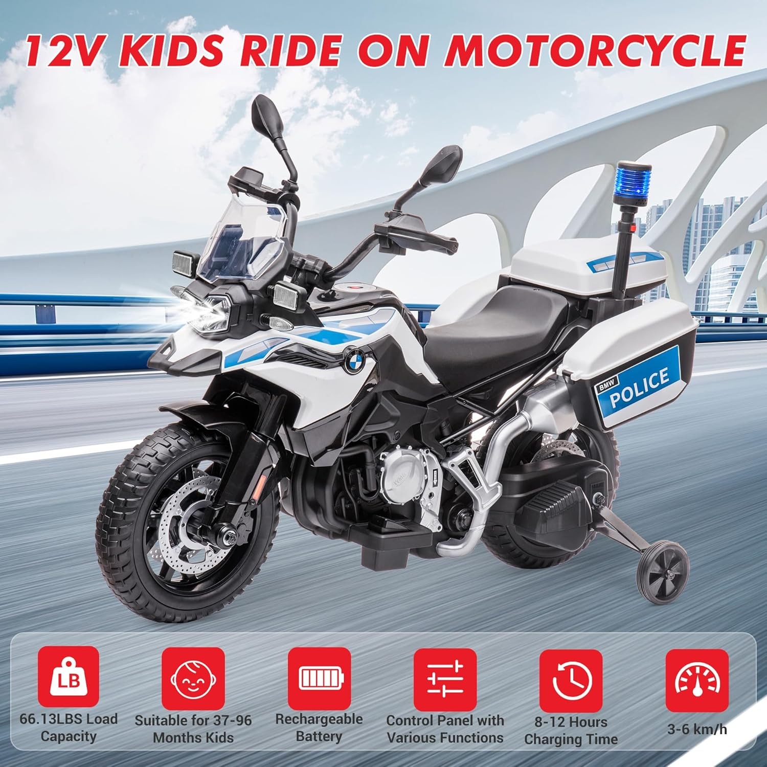 BMW Licensed Police Motorcycle for Kids, 12V W/ Training Wheels, Lights & Music