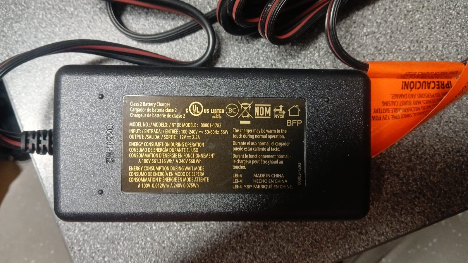 Power Wheels 12V 2.5A Charger 0-240V~50/60Hz 56W