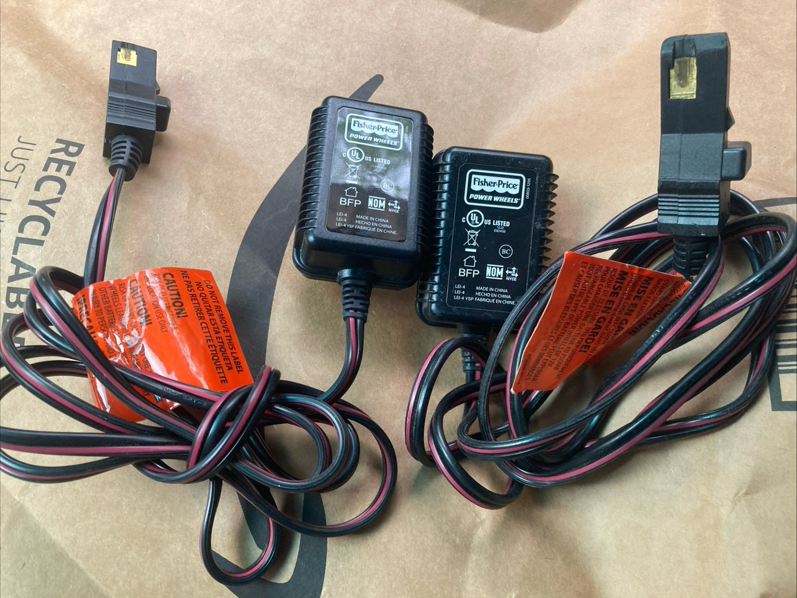 (2) Fisher Price 00801-1778 Power Wheels 12V 1A Adapter Charger Cords, OEM