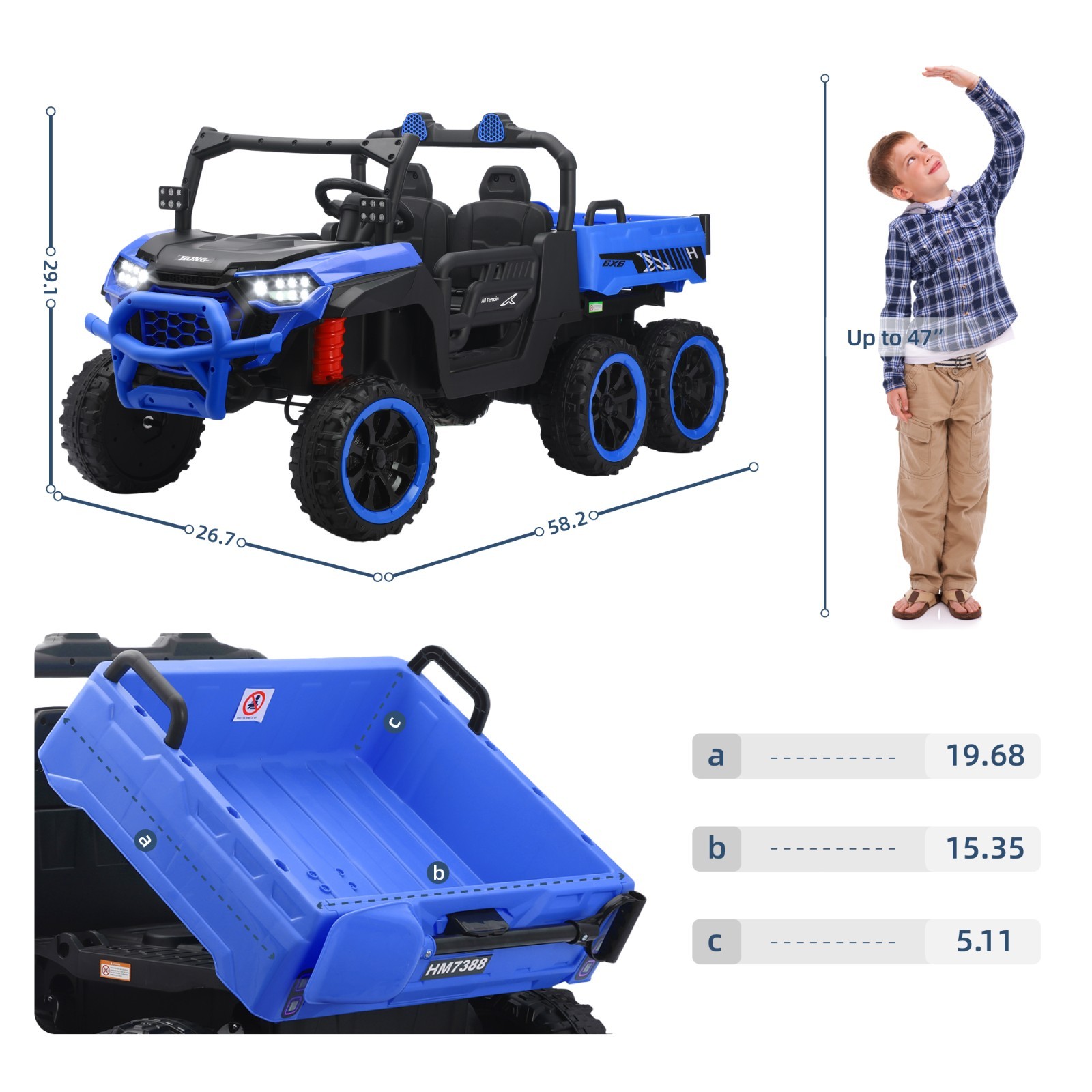 Blue 24V Ride on Electric Dump-bed Truck Off-road 7mph 2 Seater Car with Remote