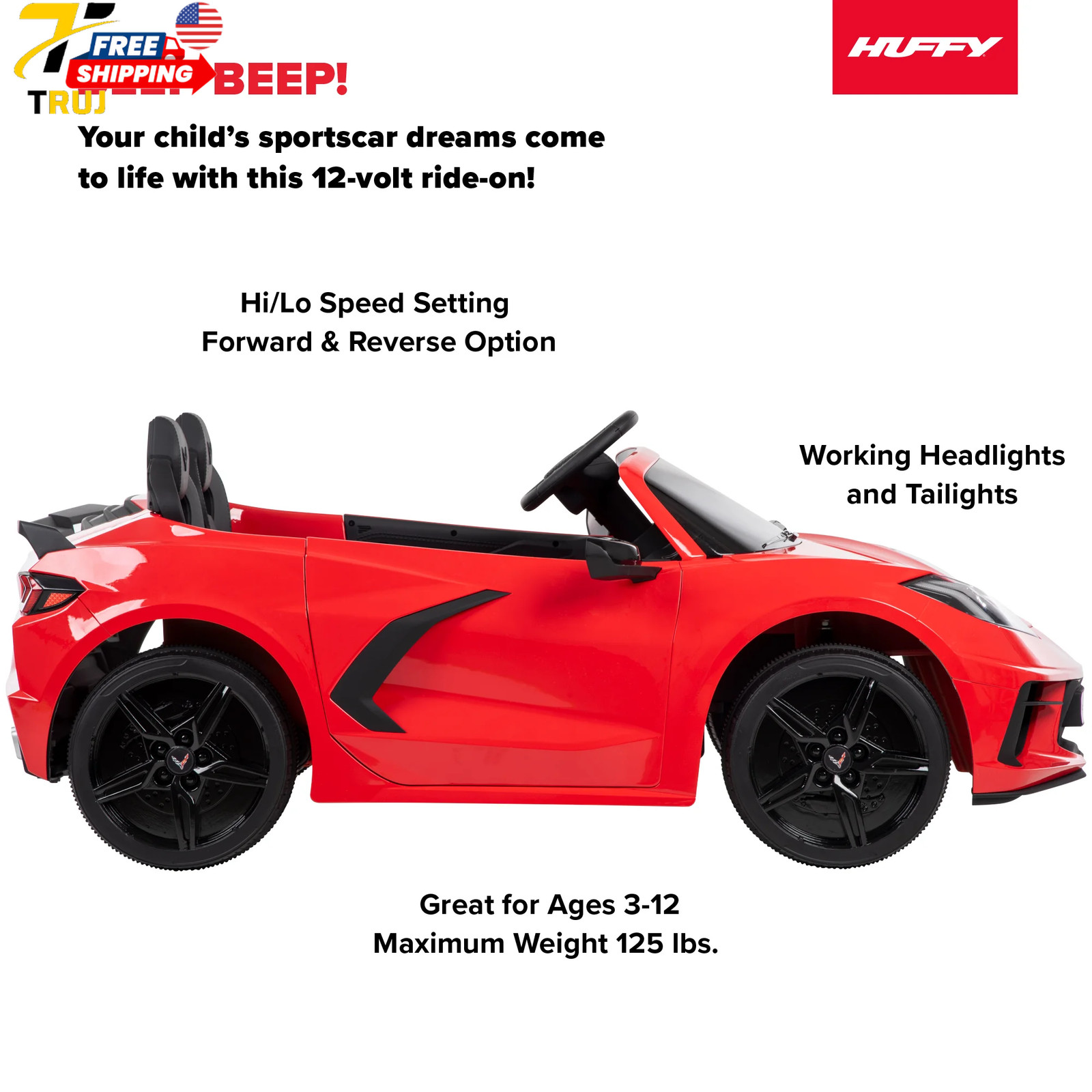 Huffy Corvette Stingray Ride-On Car Battery Powered 12V Children Ages 3+ Sounds