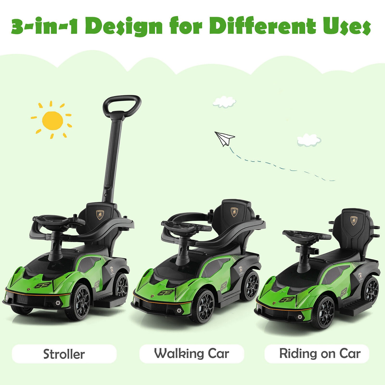 3-in-1 Licensed Lamborghini Ride on Push Car Stroller Sliding Car w/ Sound Green