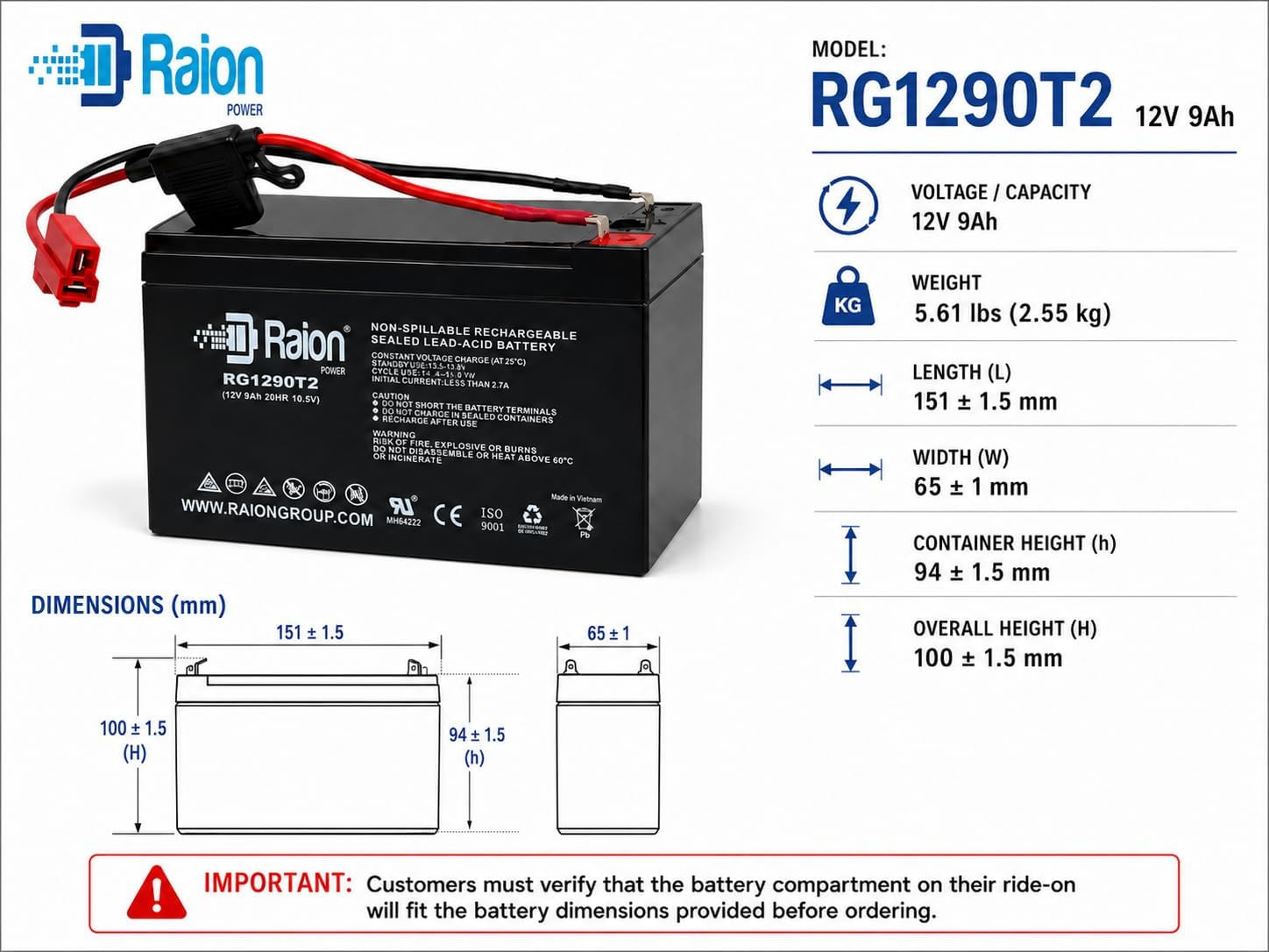 12V 9Ah Ride-On Toy Battery, Red 2-Pin Connector – Extended Range SLA AGM Replac
