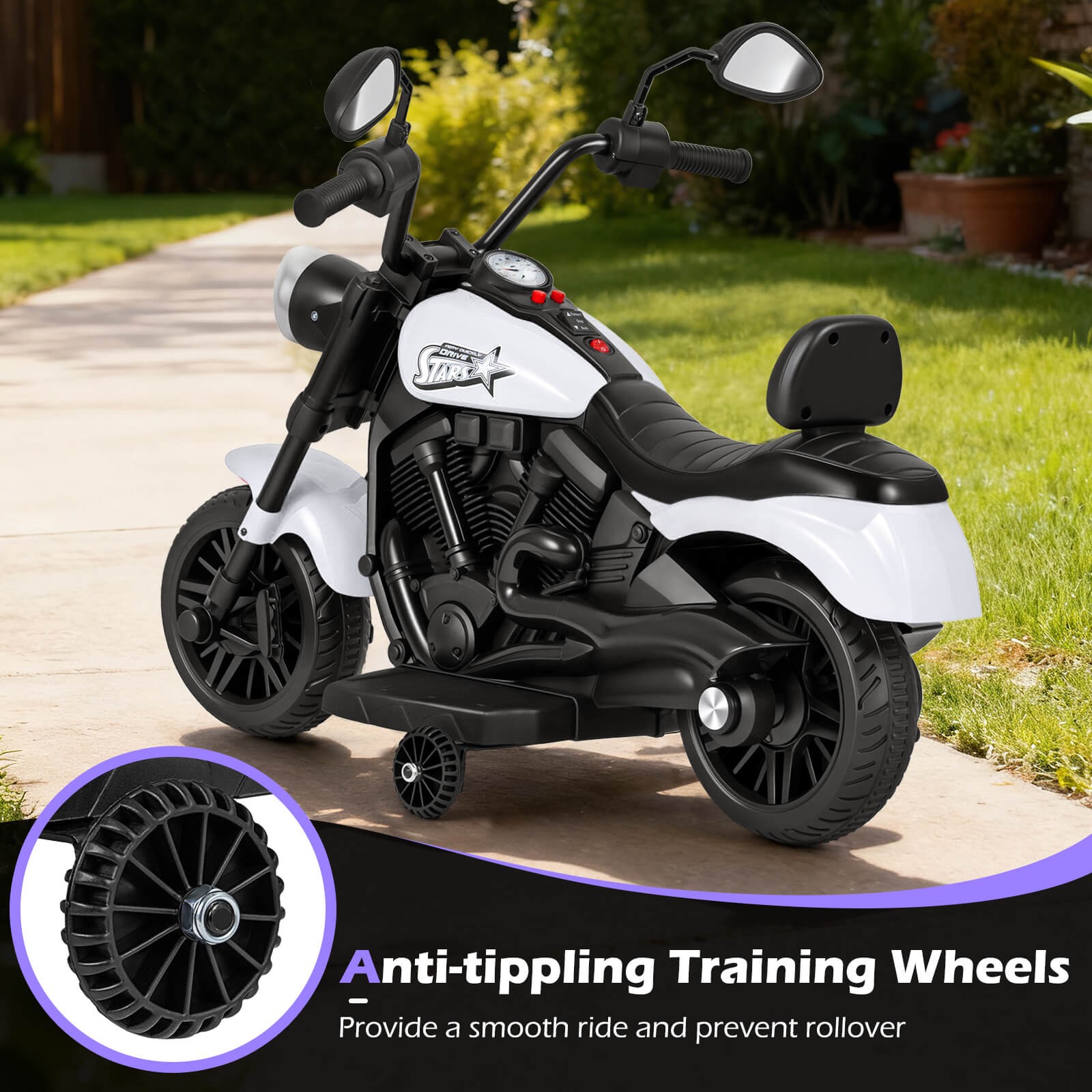 Kids Motorcycle w/Headlight, Music, Training Wheels, Foot Pedal for Boys Girls