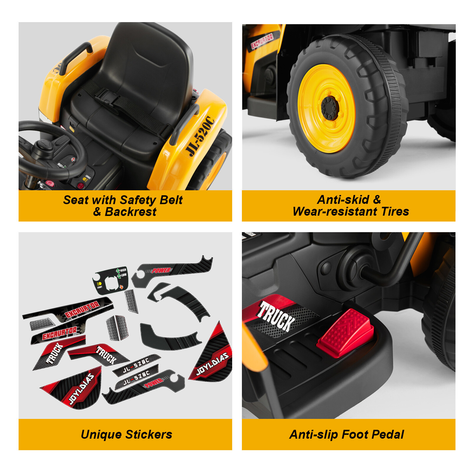 12V Electric Ride On Excavator Digger 3 Speeds Bluetooth Music Light w/RC Yellow