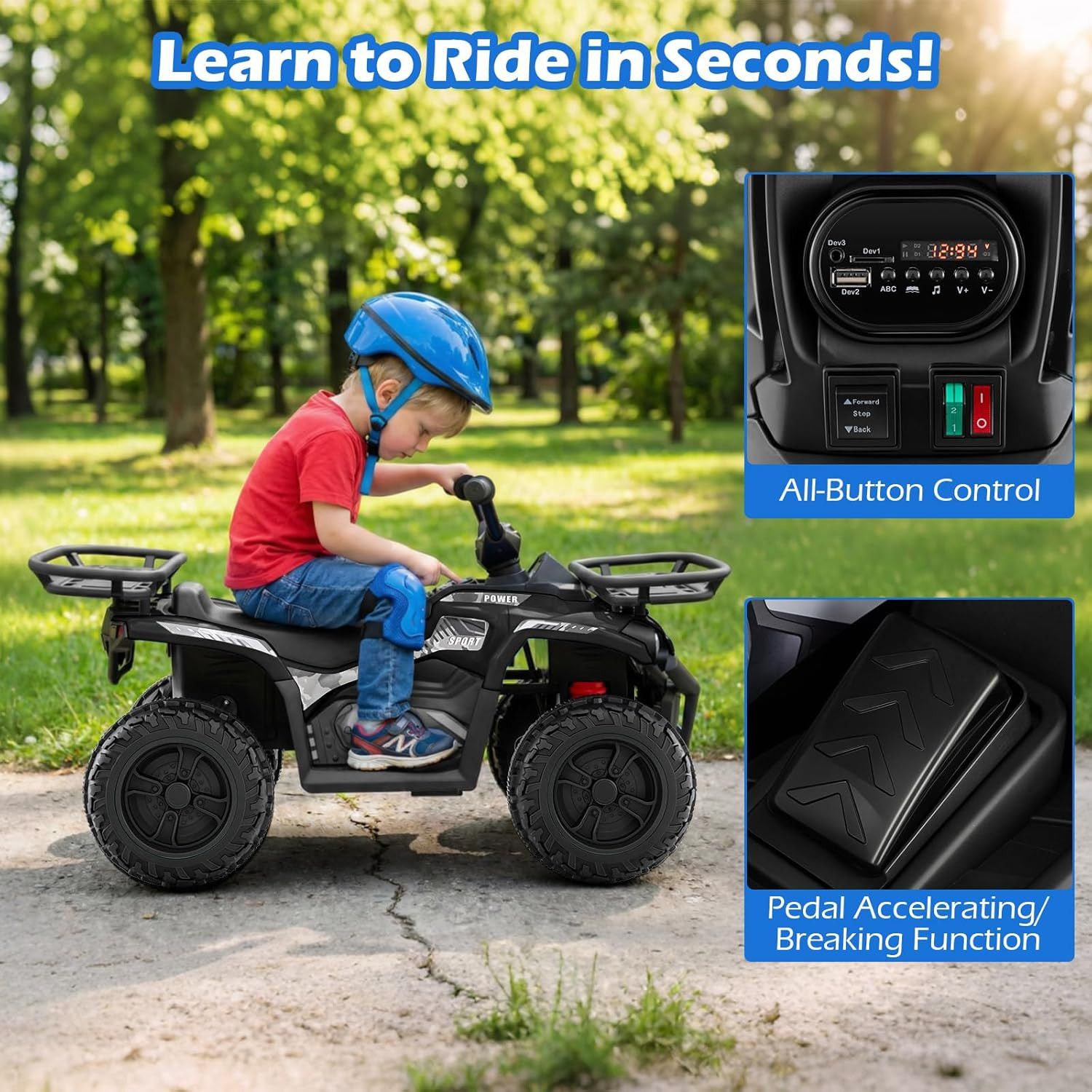 12V Kids ATV Quad with 2 Speeds, Spring Suspension, LED Lights, Music & Story Pl