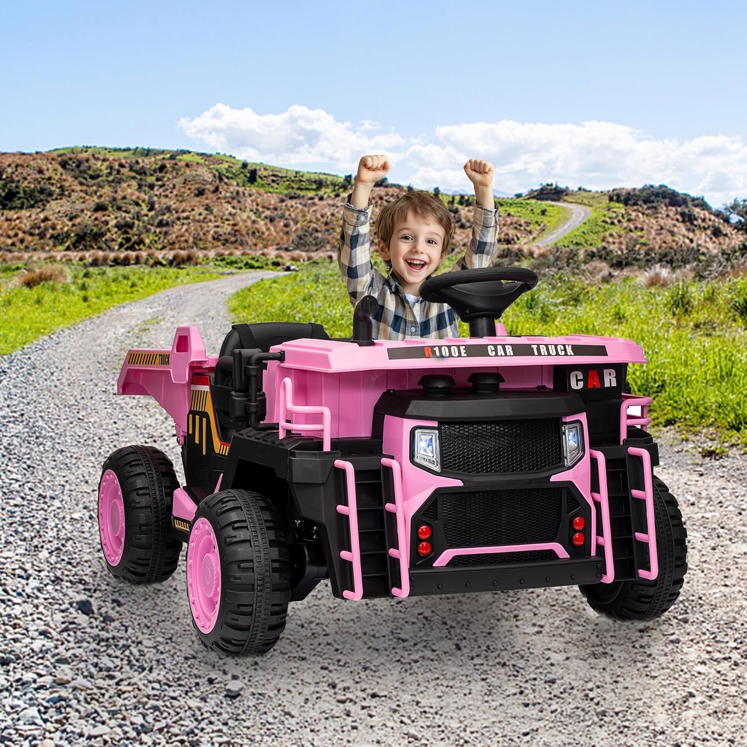 24V Kids Dump Truck, 4.4MPH 4WD + Remote Shock Absorption & LED Lights, 2 Seater