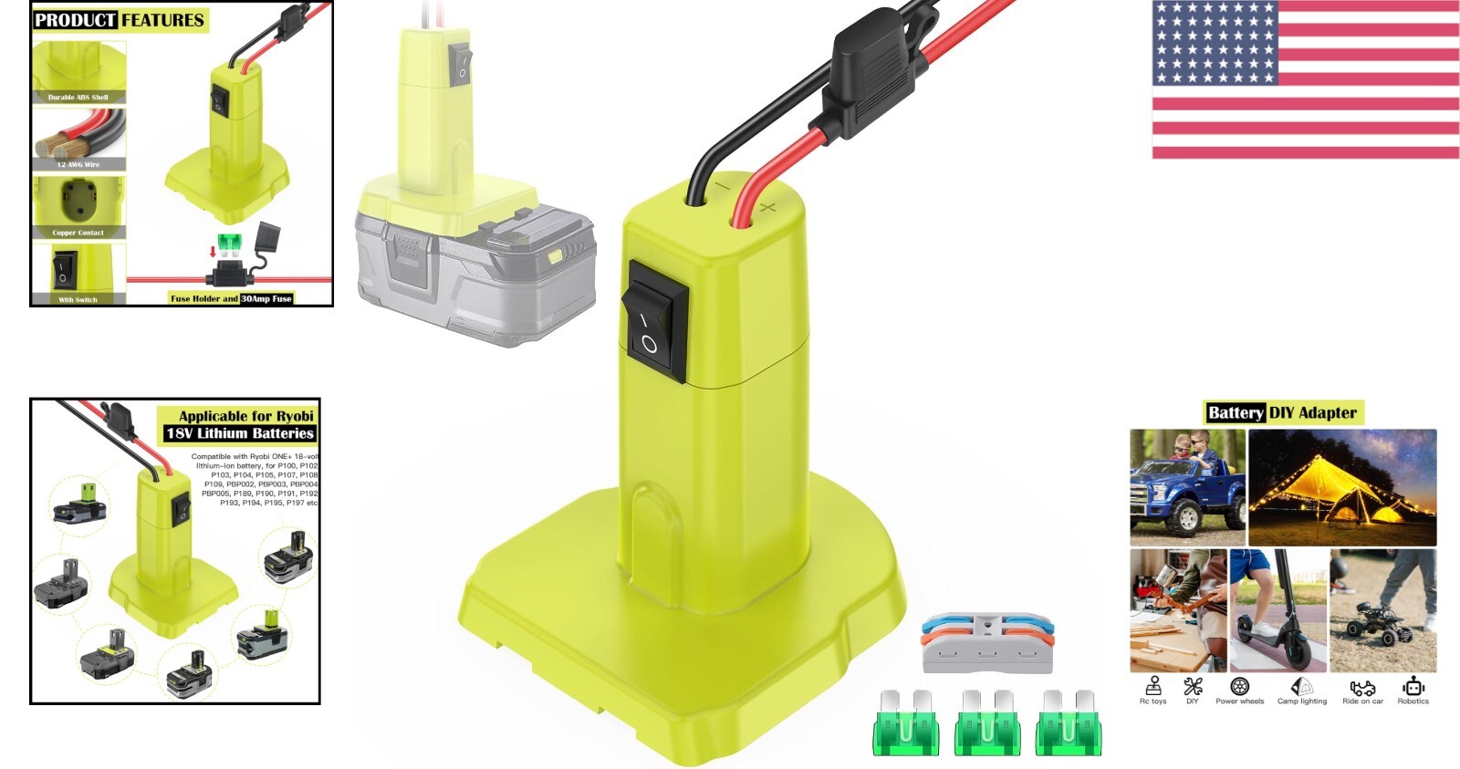 Ryobi 18V Power Wheels Battery Adapter Kit – 30Amps, 12AWG Wire, Switch Included