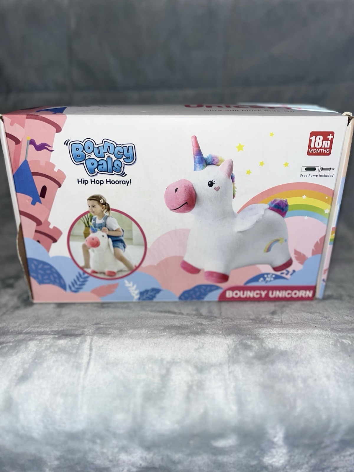 Bouncy Pals Unicorn Ultra-Soft Plush Inflatable Ride-On Toy with Pump