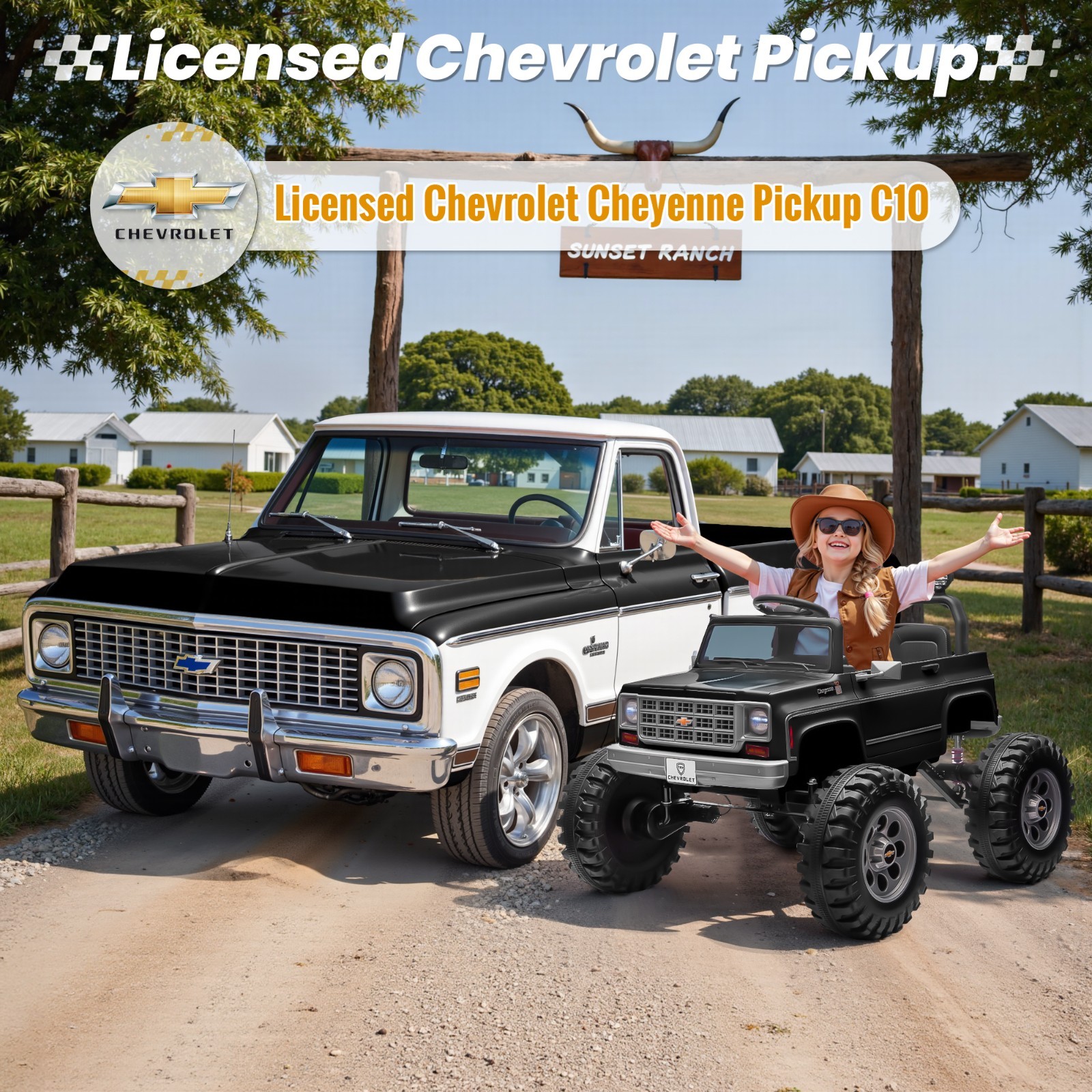 Kids Electric Ride On Truck Chevrolet Cheyenne 24V Remote Bluetooth LED Black