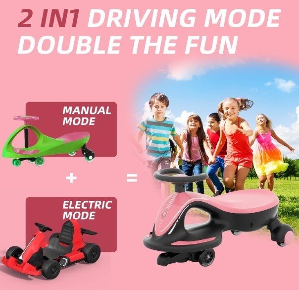 6V Electric 2-in-1 Rechargeable Toddler Wiggle Car Ride-On Pink & Black