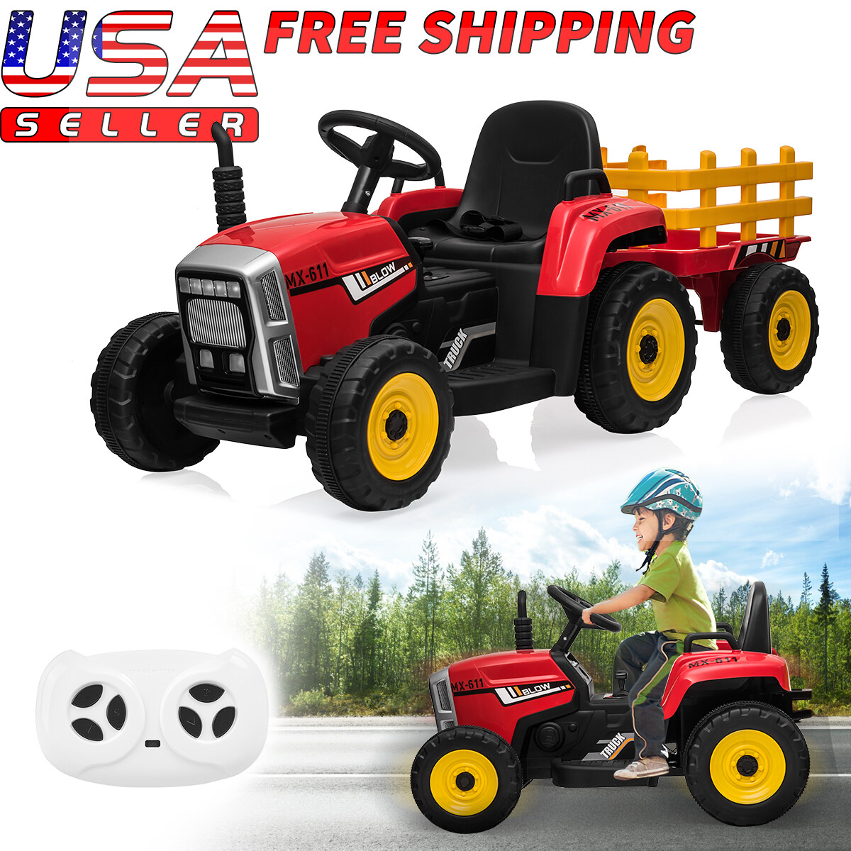 12V Kids Ride On Tractor Car with Trailer Electric Vehicle Toy w/ RC LED MP3 Red
