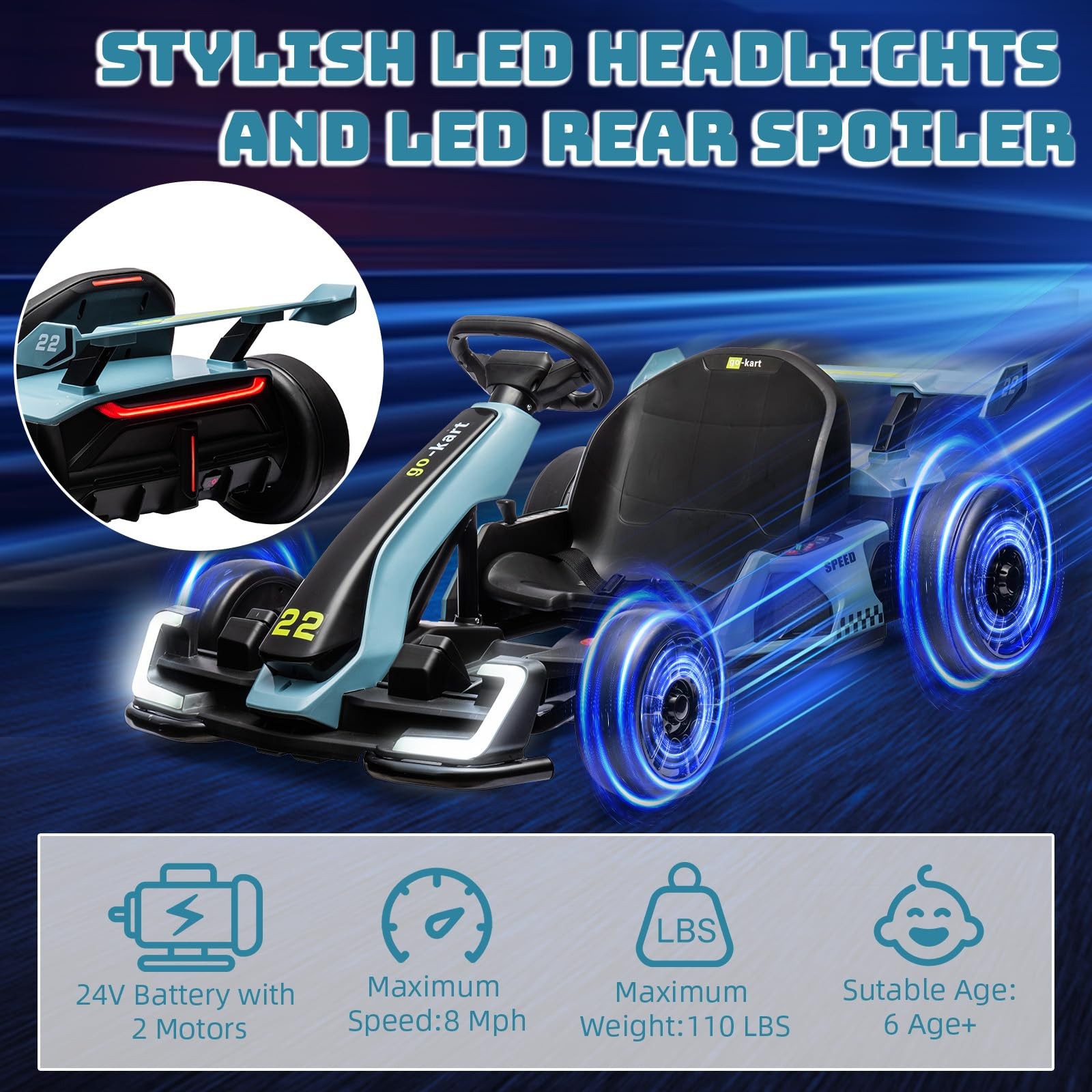 24V Electric Go Kart for Kids Ages 6-15,2x150W Motors,8MPH Drift Kart Seat Belt