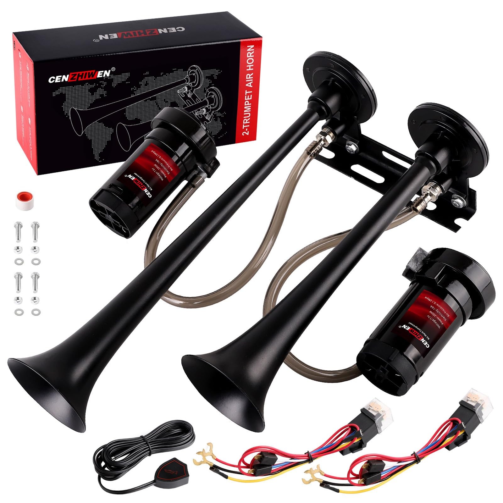 Cenzhiwen Dual 2-Trumpet Metal Air Horn for truck Kit with 2 Compressors-12V …
