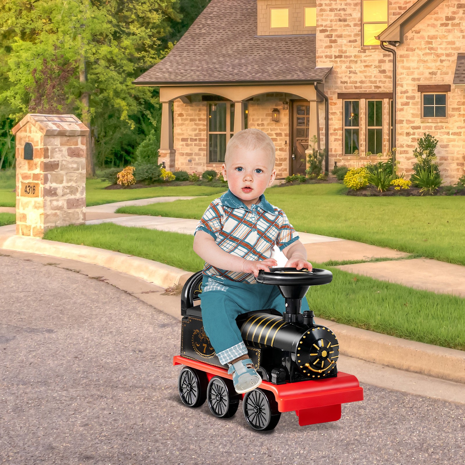 6V Electric Kids Motorized Train Toy with Unique Train Outlook & Stickers Black