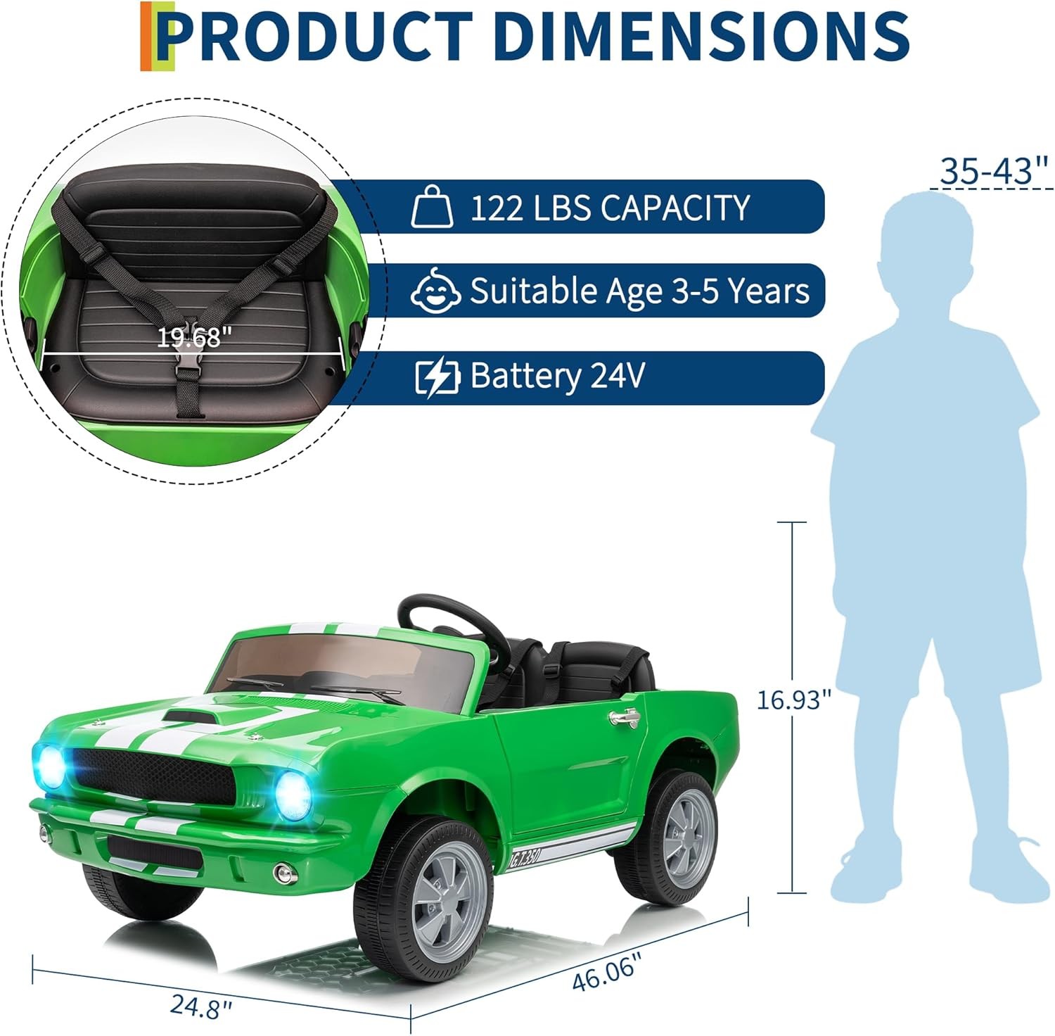 Kids Electric 24V Wheeler Car Ride on Toy Licensed Shelby GT350 with Remote LED