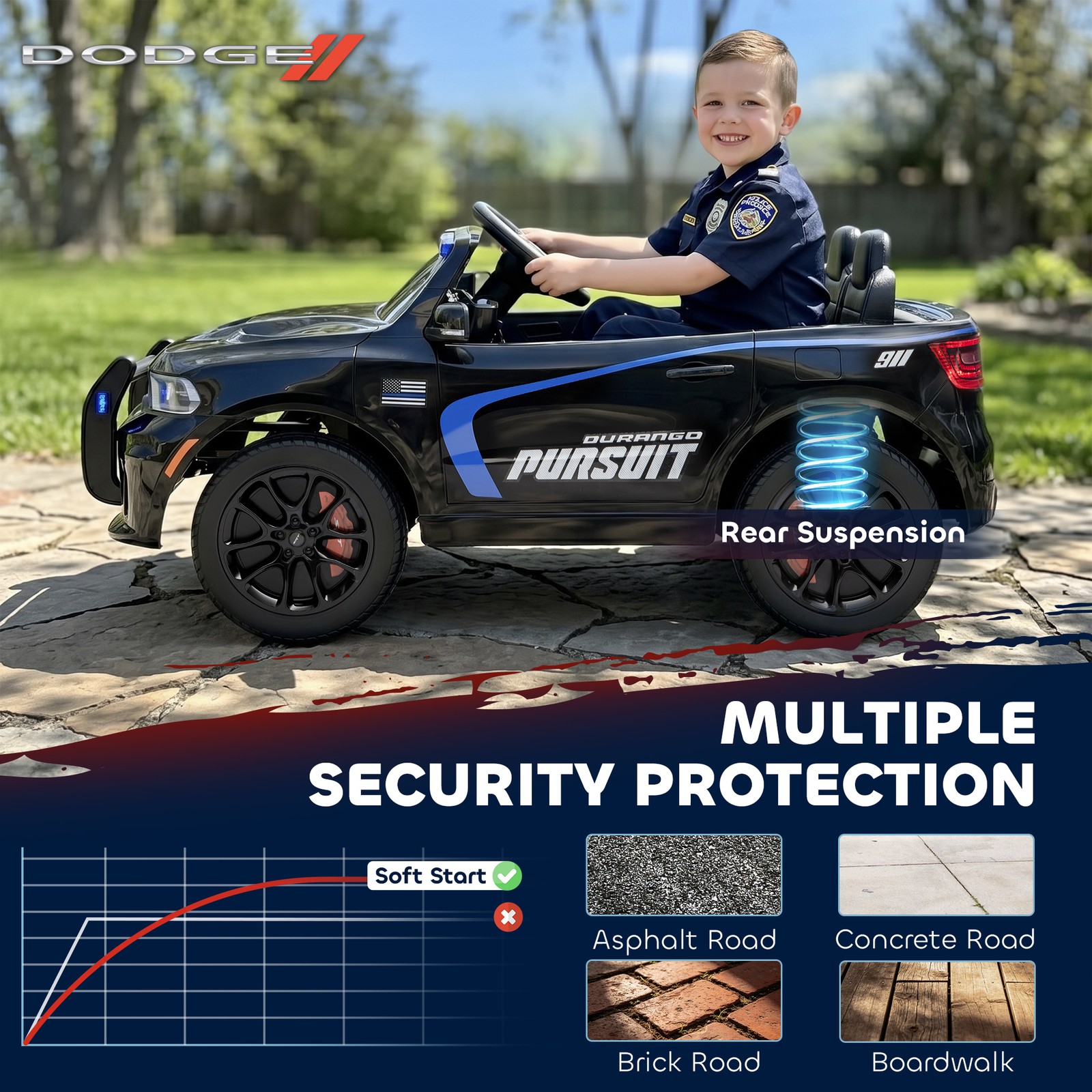 Qaba 12V Licensed Dodge Ride On Police Car with 2 Seater for Age 3-6, Black