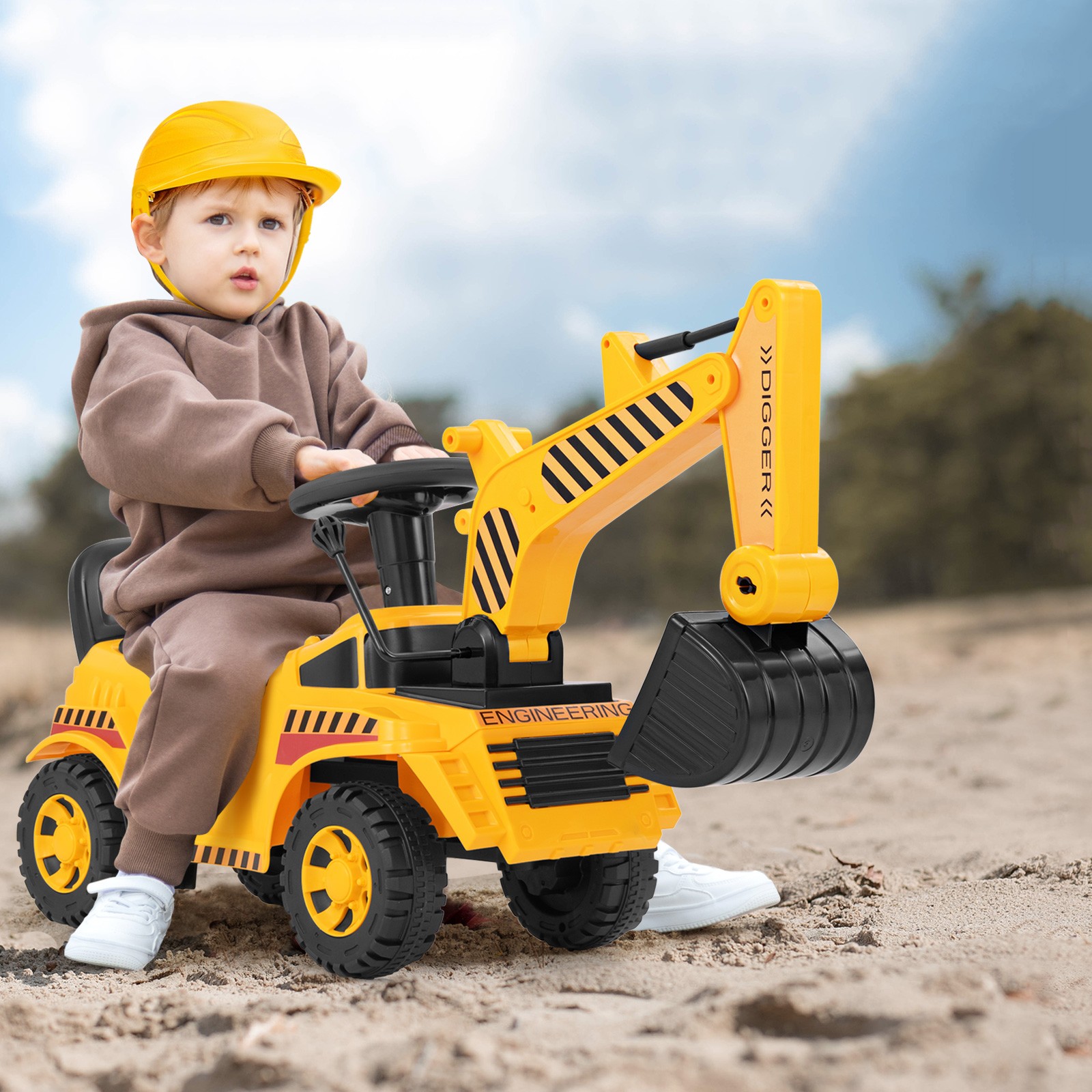 Kids Ride on Excavator Adjustable Shovel Yellow Toddler Digger Toy Power Car