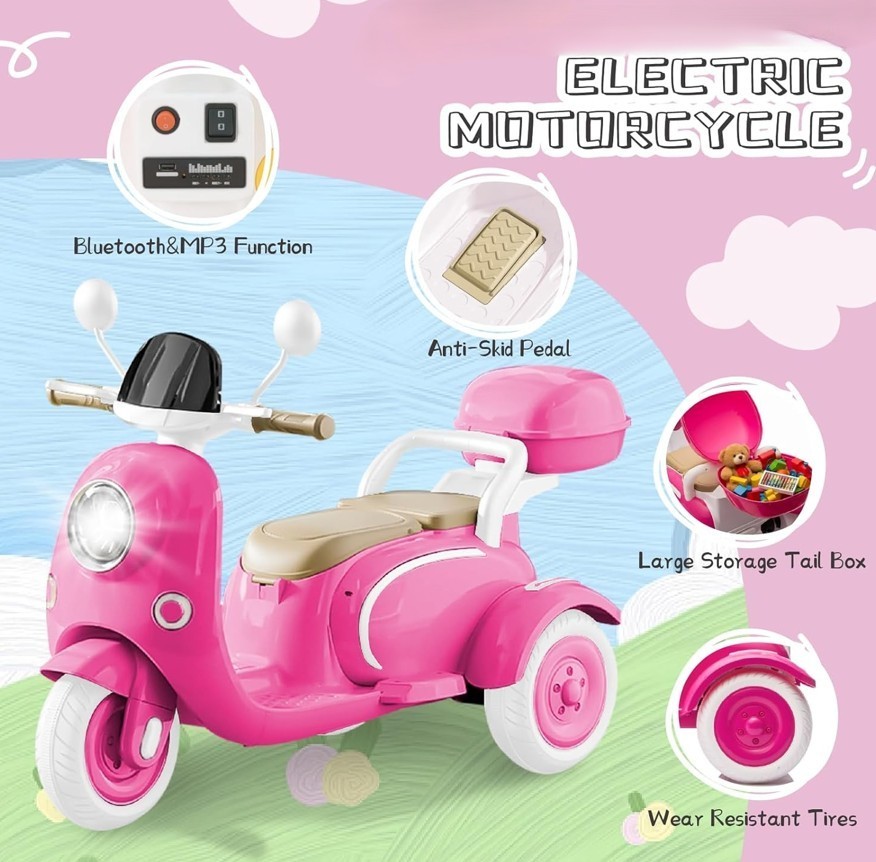 Kids Girls Pink Electric Ride On Motorcycle 3 Wheel 12 Volt Bluetooth Scooter