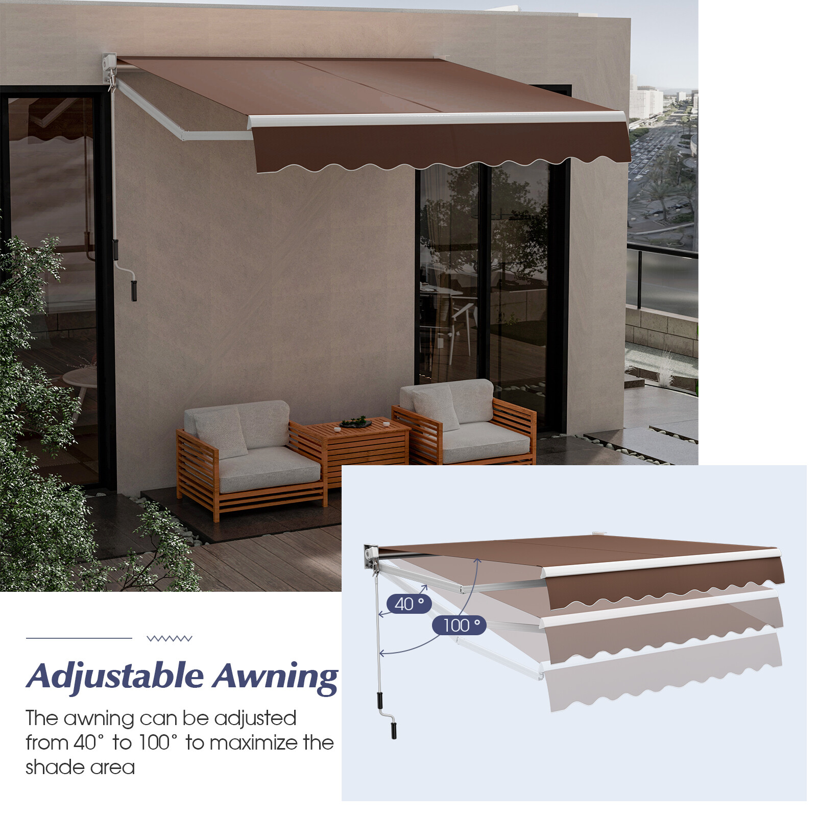 Topbuy 8’×6.6′ Retractable Awning W/ Aluminum Frame Sun/Water Protection W/ PA