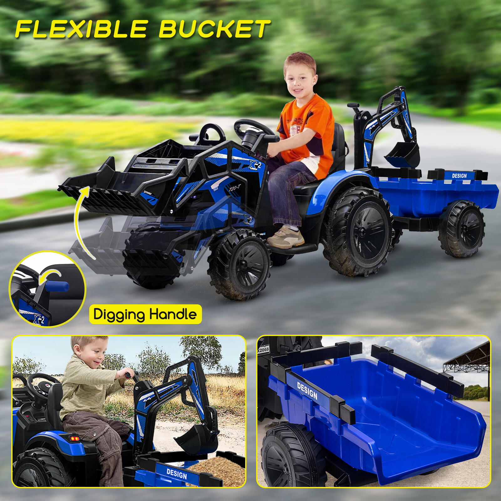 24V Electric Vehicles w/Trailer 3 in 1 Kids Ride On Tractor, Bulldozer & Excavat