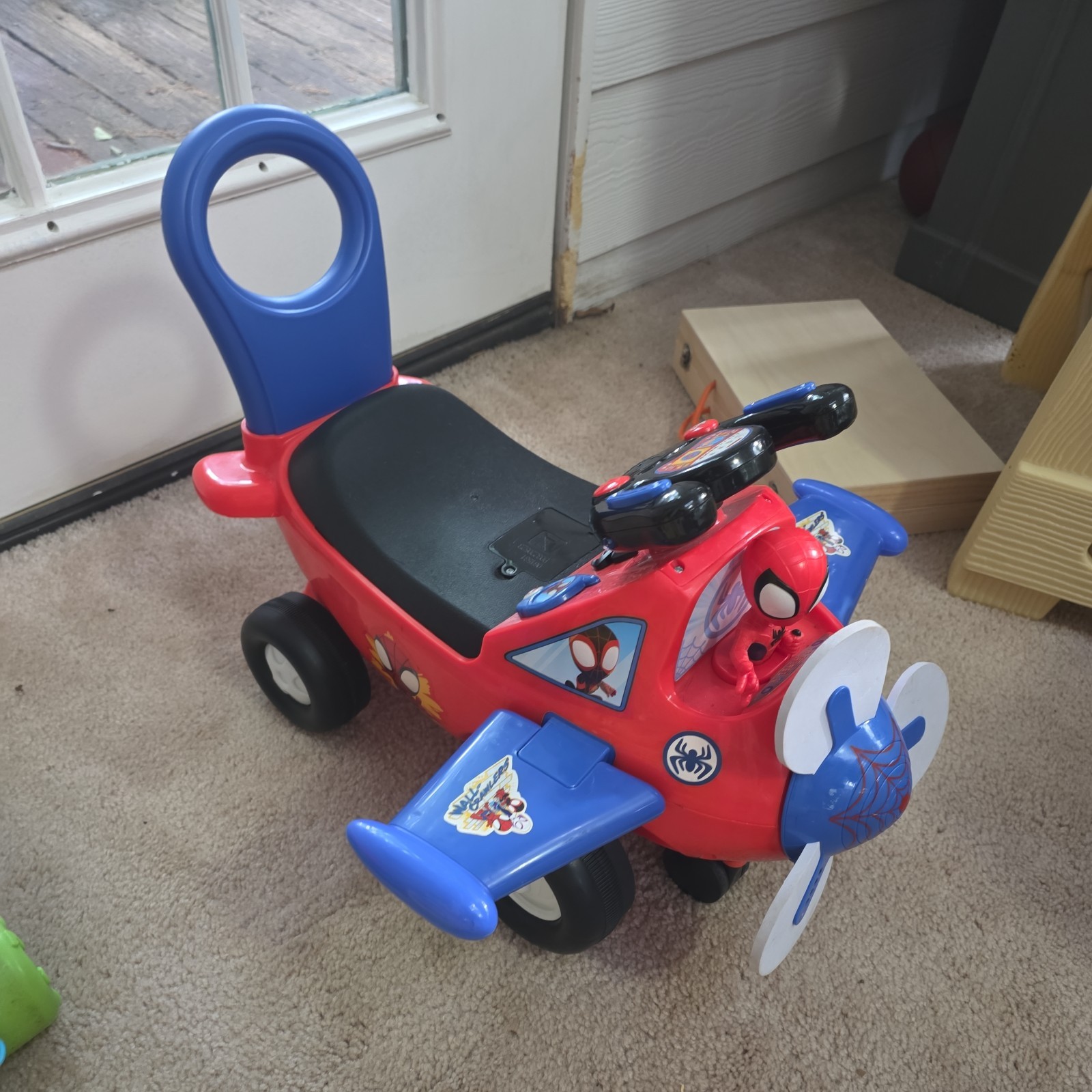 Kids Ride On Toy Car Spider-Man Airplane Sounds Light-Up Spinning Propeller