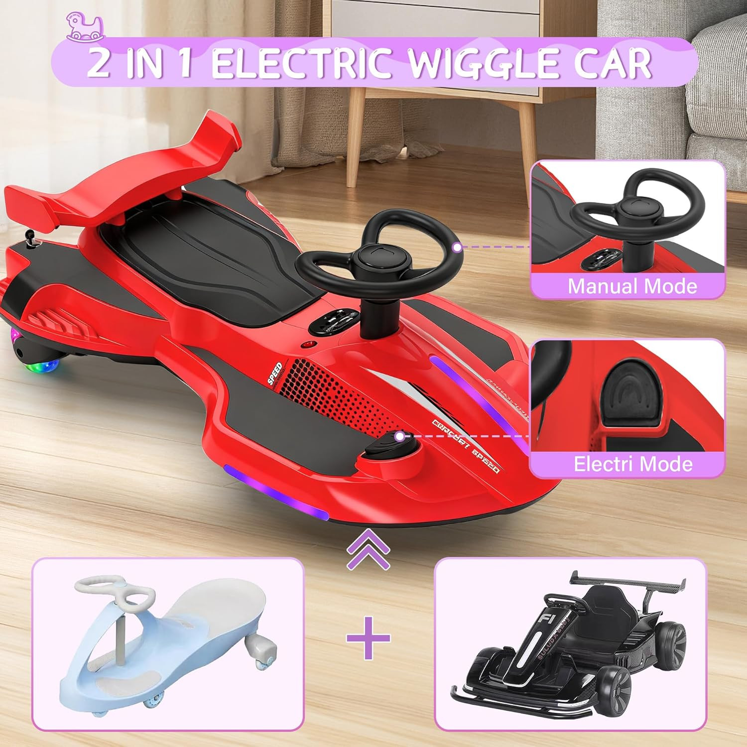12V Electric Wiggle Car with Pedal for Kids, Rechargeable 2 in 1 Swing Toy, Devi