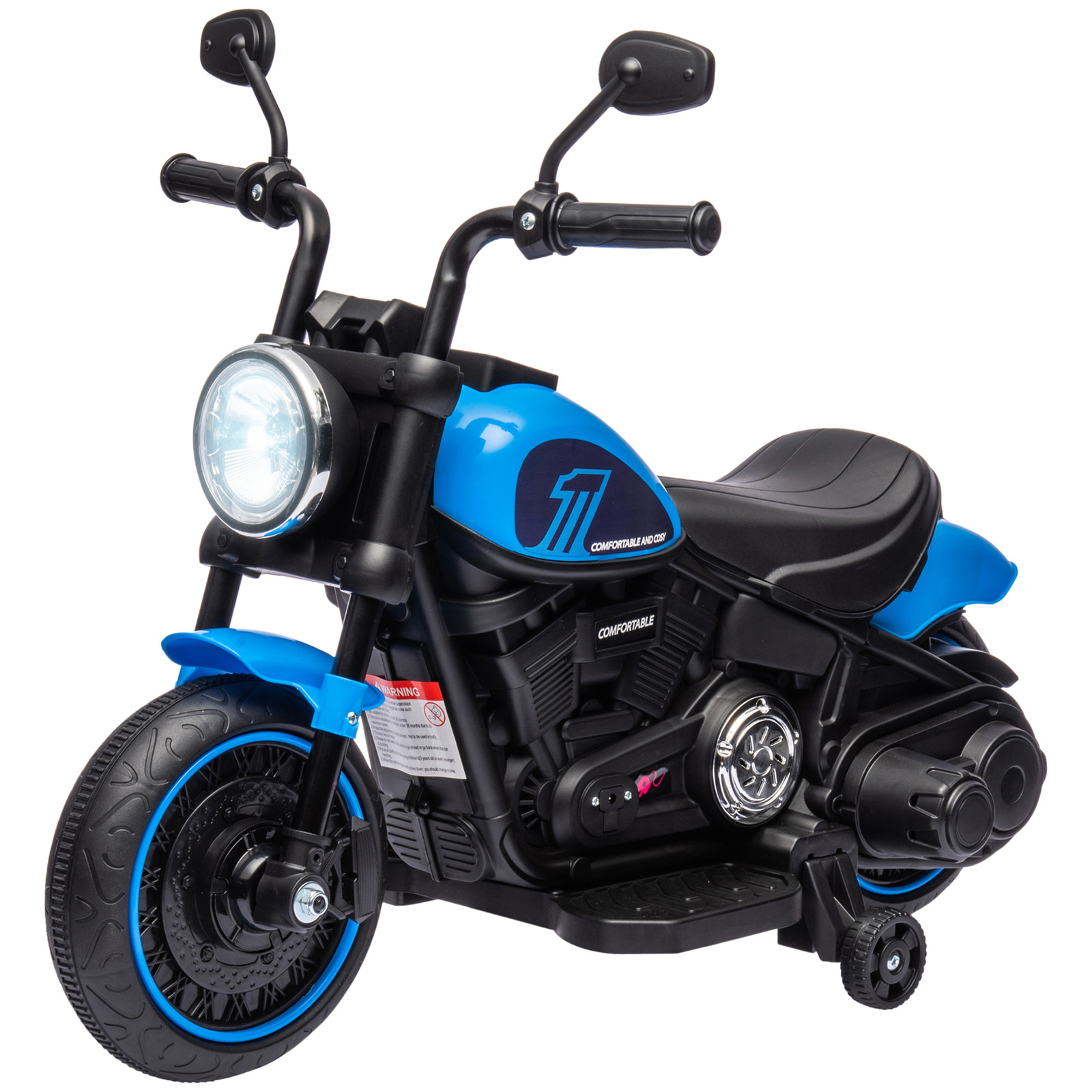 6V Kids Motorcycle w/ Training Wheels, Single-Button Start, Blue