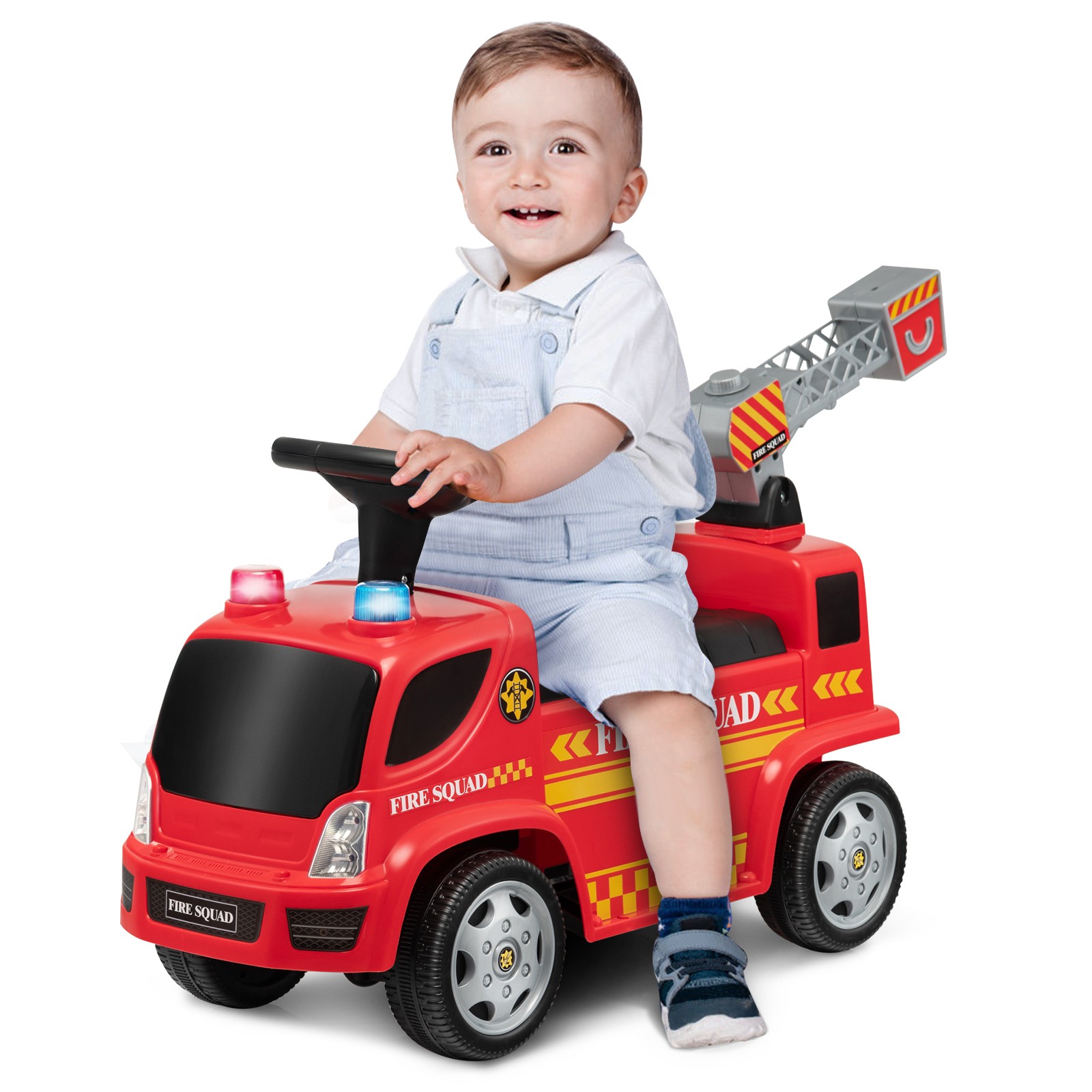 Kids Ride on Fire Truck with Bubble Maker Toddler Sliding Walking Push Car Red