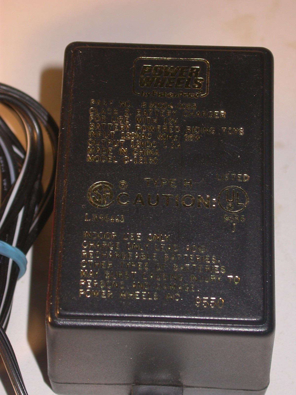 Fisher Price Power Wheels Class 2 Battery Charger 12V 1.2A C-12150 80004-0088