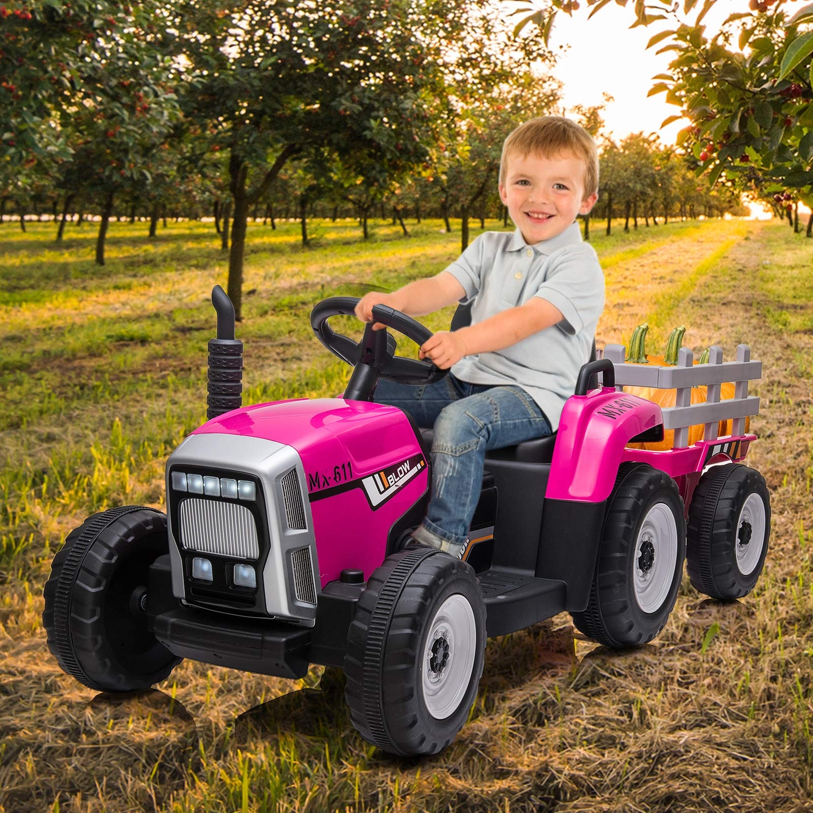 12V Kids Battery Powered Electric Tractor w Trailer Toddler Ride On Car w Remote