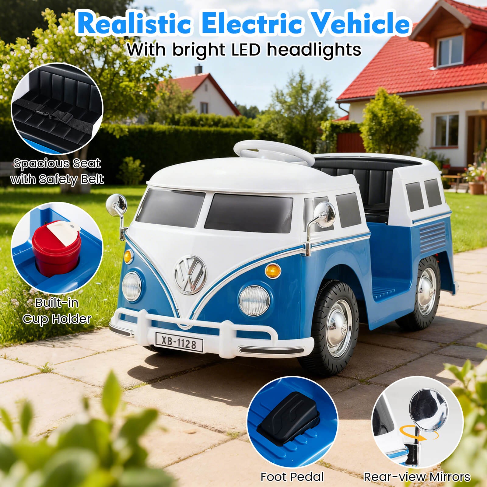 Licensed Volkswagen Ride-on Bus w/ Cup Holder, LED Headlights, Music & Horn