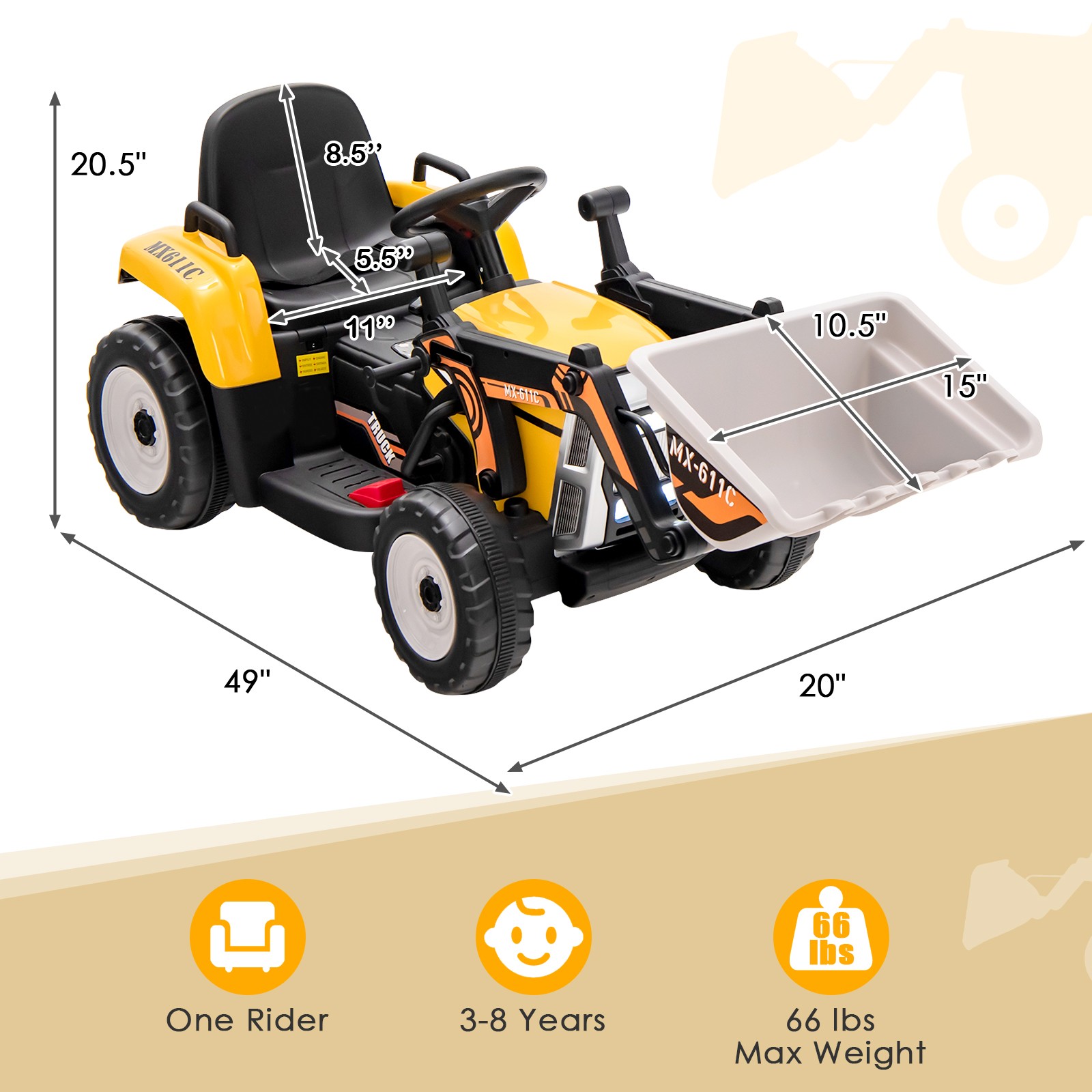 Kids Ride on Excavator 12V Battery Powered Loader Digger w/Adjustable Arm Yellow