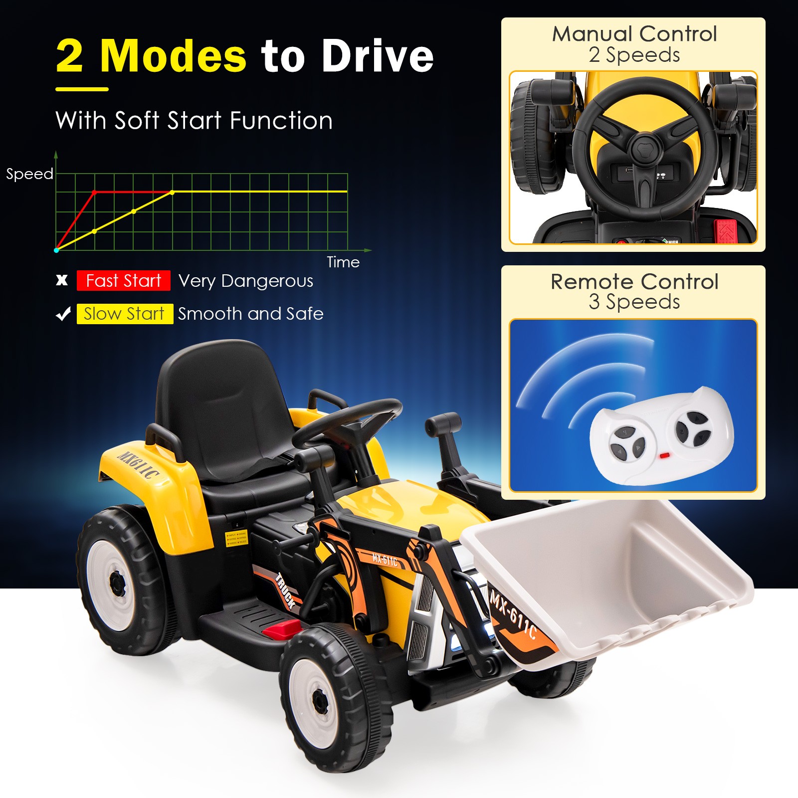 Kids Ride on Excavator 12V Battery Powered Loader Digger w/Adjustable Arm Yellow