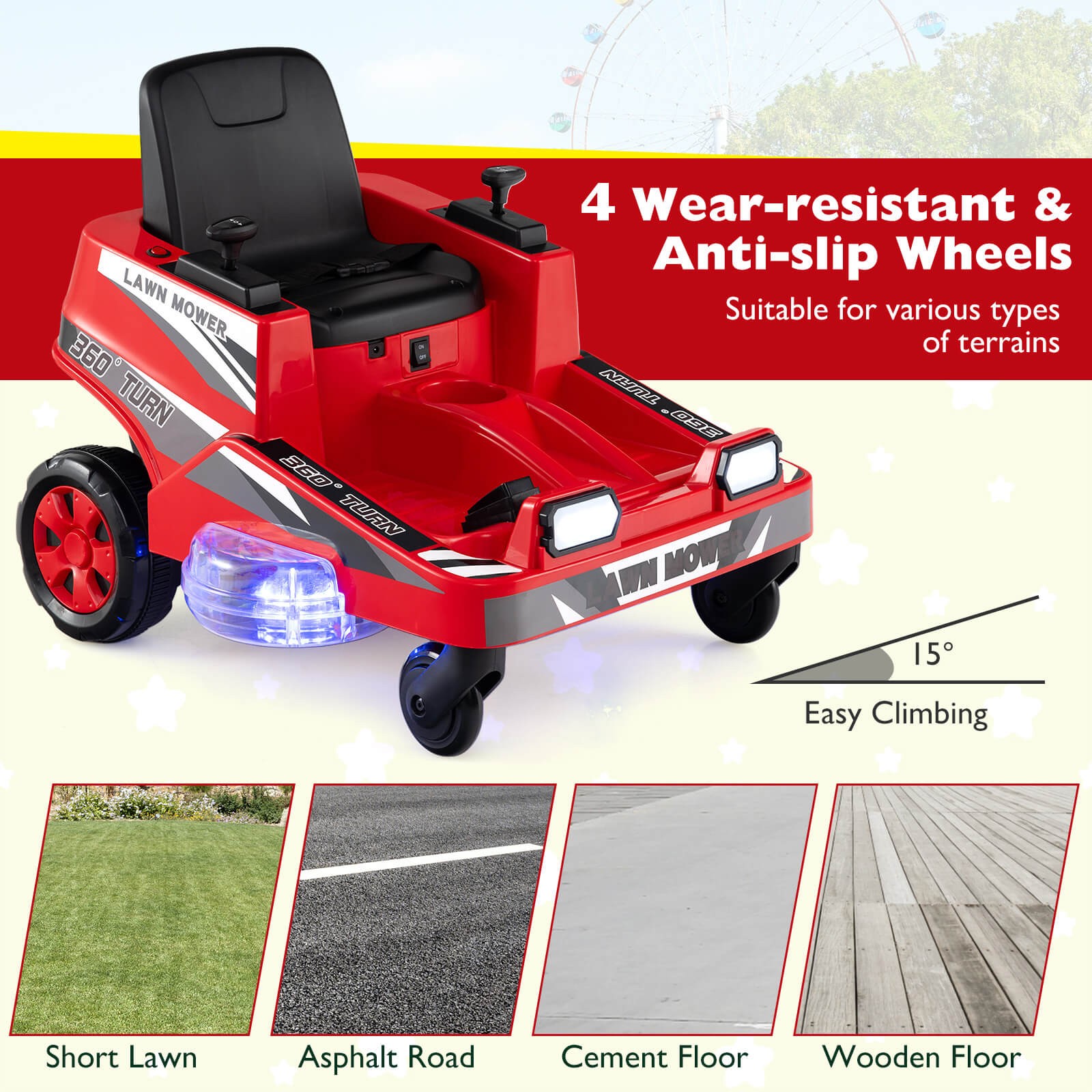 12V Ride on Lawn Mower w/Dual Control Sticks LED Lights Twist Turn for Aged 3-8