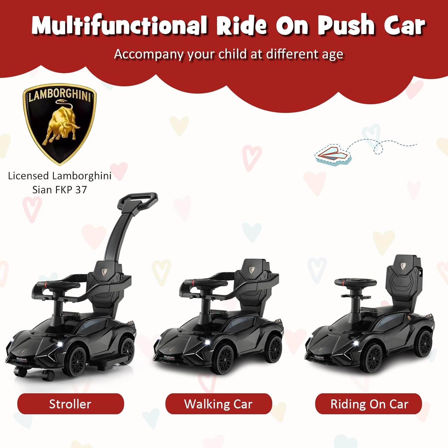 3 in 1 Ride on Push Car, Licensed Lamborghini Baby Stroller Sliding Walking Car