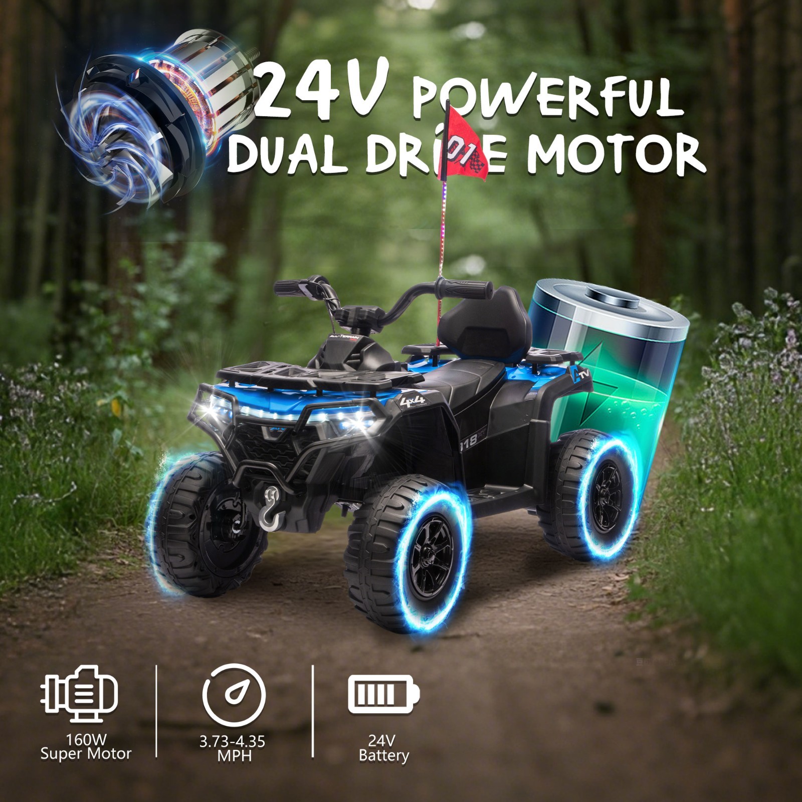 Kids Ride on ATV 24V Electric Off-Road Car for Ages 3-6 with LED Bluetooth Music