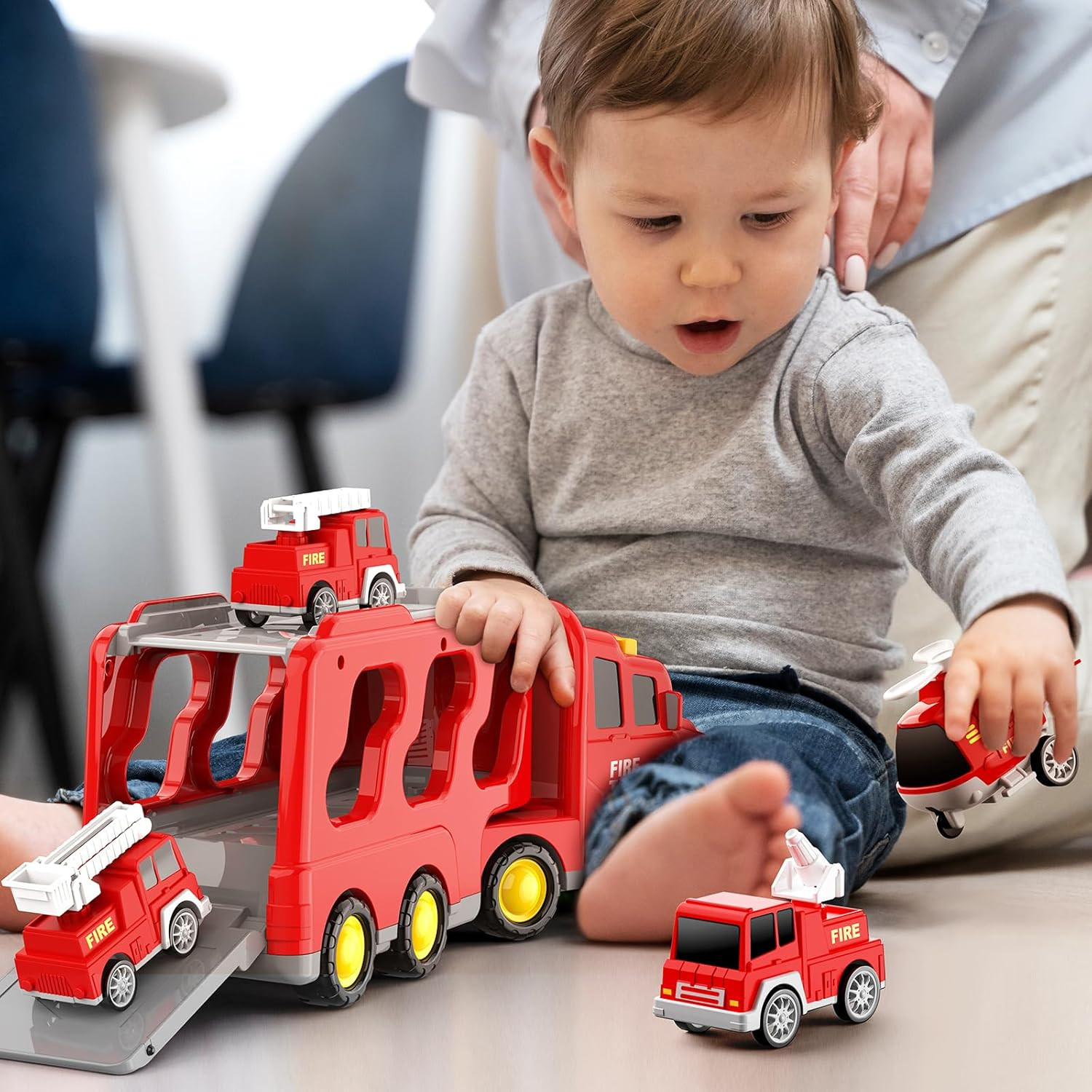 Toddlers Fire Truck for Kids 3-9 Year Old，5 in 1 Friction Power Vehicle Car for