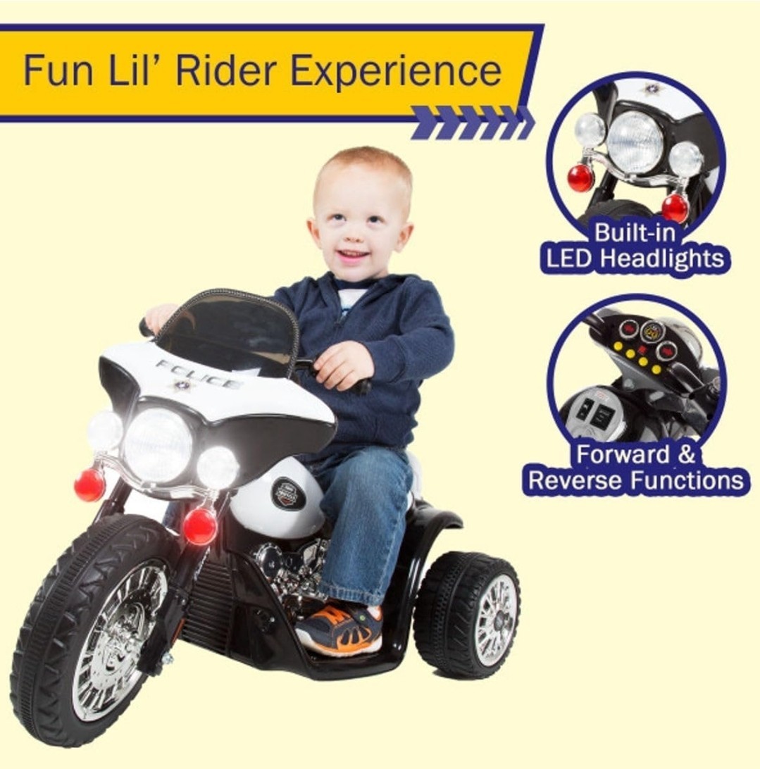 Kids Electric Police Motorcycle 3-Wheel Ride, Reverse, Headlights, Decals, Black