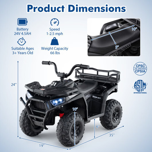 24V Kids Ride on Electric ATV Quad Car with Realistic Sounds and LED Lights-Blac