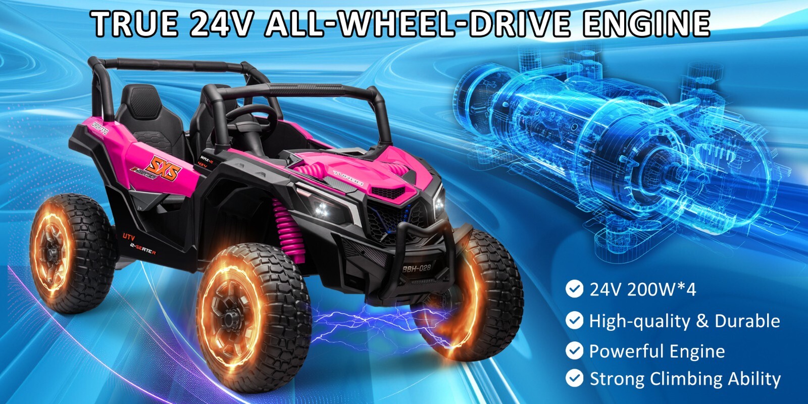 ZEOPHOL 24V Kids Ride On Car UTV Truck 4WD 2-Seater 4X200W Motor EVA Wheels Pink